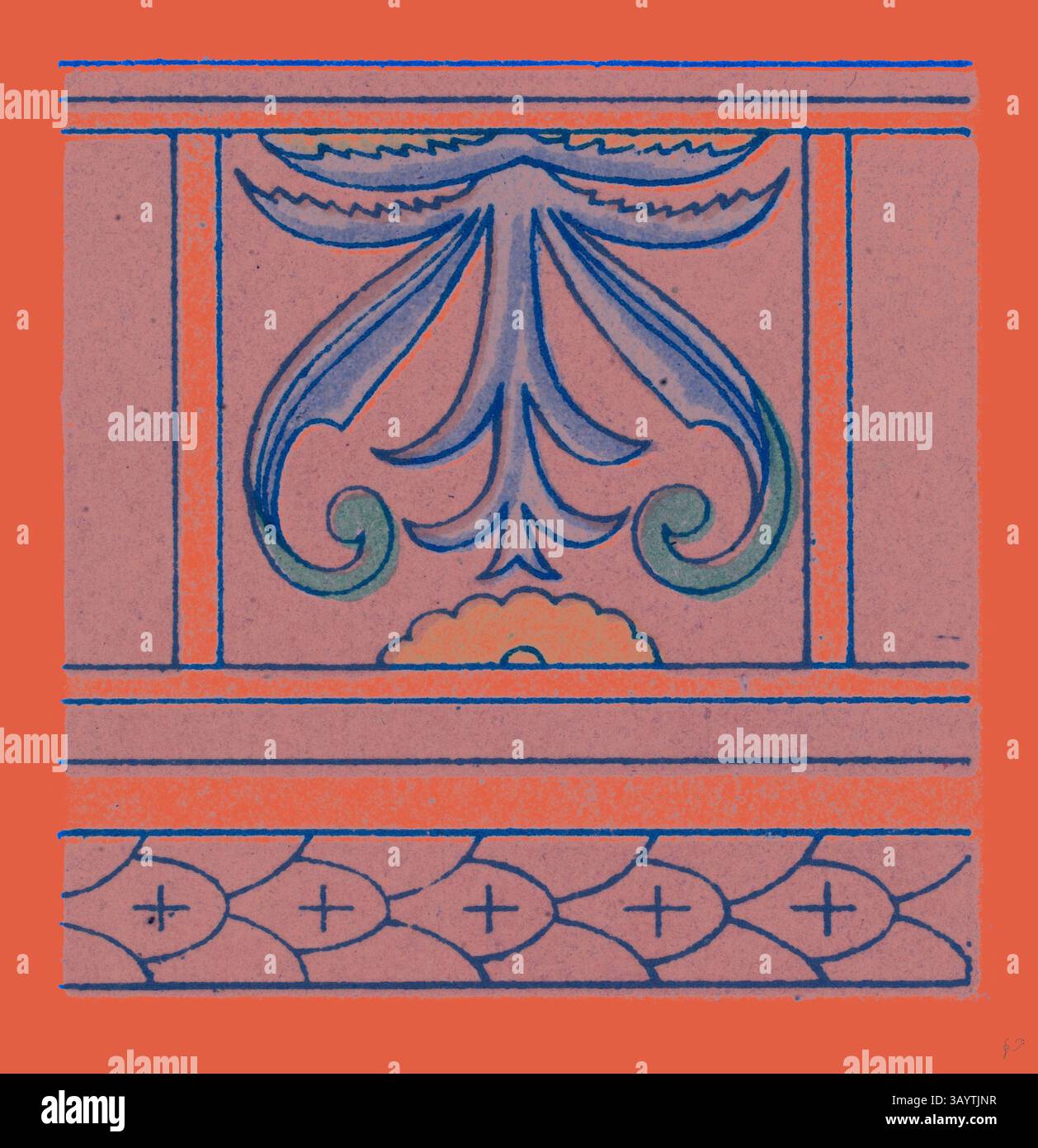 Un design orné de motifs fluides et complexes, dont un élément floral important et des bordures décoratives aux tons éclatants. Décoration Renaissance Art classique avec une touche moderne réinventée par Artotop Banque D'Images