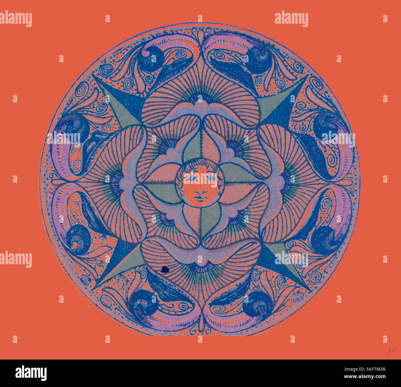 Un design circulaire vibrant avec des motifs floraux complexes, des éléments ondulés et un visage central ressemblant au soleil, le tout sur un fond orange vif. L'interaction des lignes et des formes crée une composition fascinante et harmonieuse. Décoration Renaissance Art classique avec une touche moderne réinventée par Artotop Banque D'Images