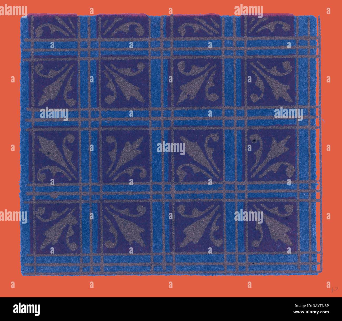 Un motif vibrant avec des lignes de quadrillage entrelacées et des motifs floraux décoratifs bleu foncé sur un fond contrasté, créant un impact visuel saisissant. Mediæval ornez l'art classique avec une touche moderne réinventée par Artotop Banque D'Images