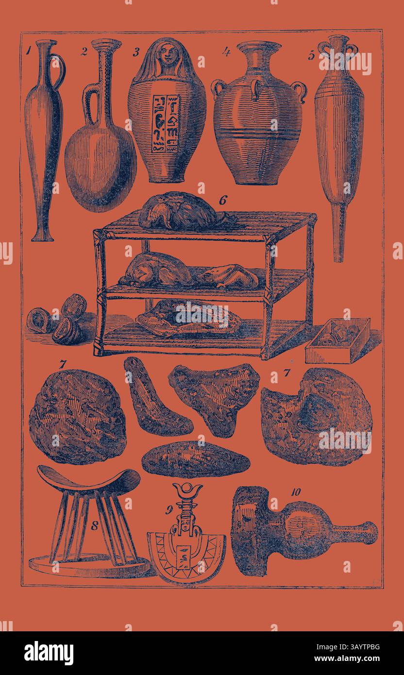Une collection d'objets anciens, y compris divers vases, poteries et formes sculpturales, disposés sur une surface à côté d'objets décoratifs et de spécimens géologiques, mettant en valeur l'artisanat historique et l'importance culturelle. ANTIQUITÉS ÉGYPTIENNES : 1, 2, 3, 4,5. Bouteilles et vases. 6. Fête funéréale préparée, 7. Gâteaux. 8. Soutien à la tête., 9. Tête de bateau. 10 : Mason's Mallet Classic Art avec une touche moderne réinventée par Artotop Banque D'Images