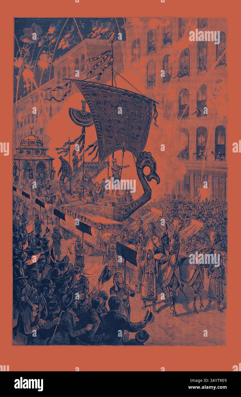 Un festival de rue dynamique se déroule, avec un grand défilé avec un flotteur élaboré en forme de dragon. Les foules se rassemblent dans l'excitation, tandis que les figurines montées et les décorations ornées renforcent l'atmosphère festive. Des feux d'artifice illuminent le ciel, ajoutant à la scène de célébration. Missouri : visite annuelle des prophètes vallés à un Louis, le 5 octobre, Tableau de l'été égyptien. États-Unis, gravure 1880 1881 Art classique avec une touche moderne réinventée par Artotop Banque D'Images