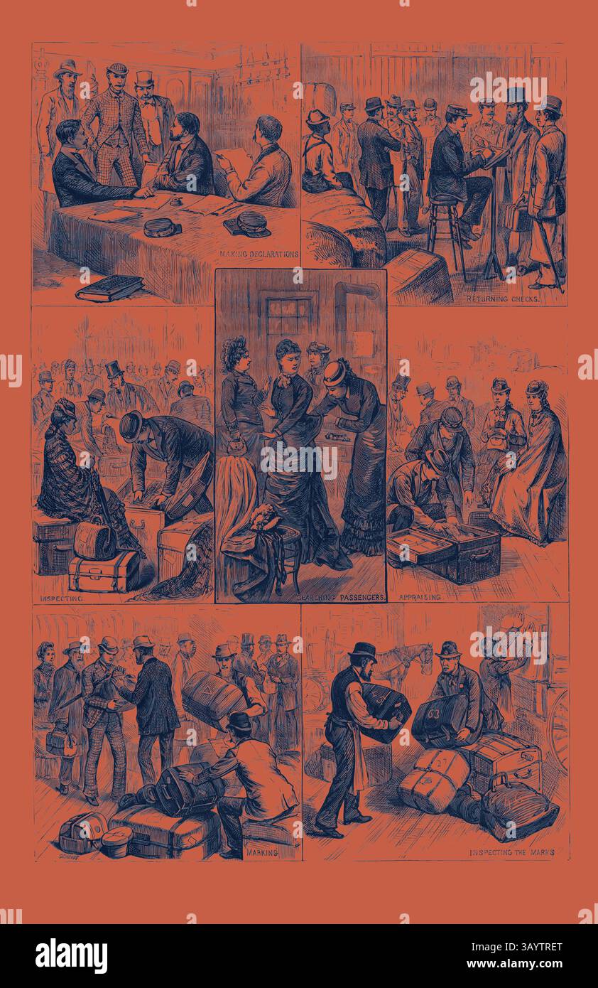 Une série de vignettes illustrées représentant diverses scènes de voyageurs et de porteurs dans un carrefour de transport très fréquenté, présentant des activités telles que la manutention des bagages, la vente de billets et les interactions sociales entre les passagers. Le contexte historique met en évidence l'agitation des voyages au cours d'une époque passée. New York : la terreur des voyageurs océaniques, une journée avec un inspecteur des douanes. États-Unis, gravure 1880 1881 Art classique avec une touche moderne réinventée par Artotop Banque D'Images