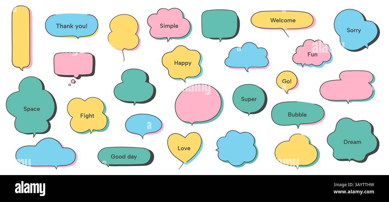 Bulle de texte simple. Doodle bloc de texte et les bulles de dialogue de boîte de dialogue avec des flèches pour le message comique, les cadres de dialogue de chat de ligne mignonne coloré. Vecteur Illustration de Vecteur