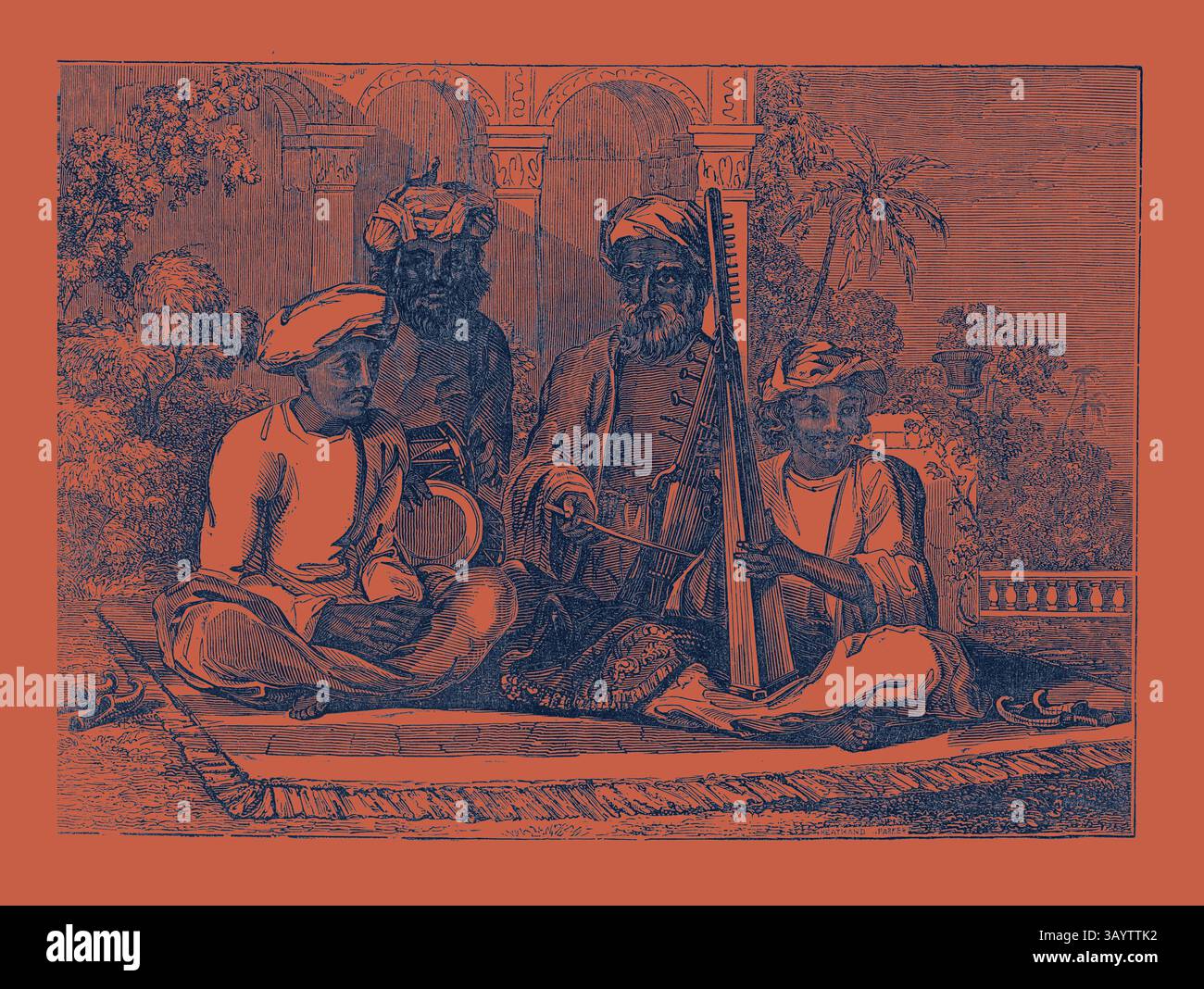 Un groupe de trois musiciens s'assoit ensemble, avec des instruments traditionnels à la main, entouré d'une architecture ornée et d'un feuillage luxuriant. Leur tenue reflète un riche patrimoine culturel, soulignant leur rôle dans une performance musicale. MUSICIENS ITINÉRANTS DE L'INDE Art classique avec une touche moderne réinventée par Artotop Banque D'Images