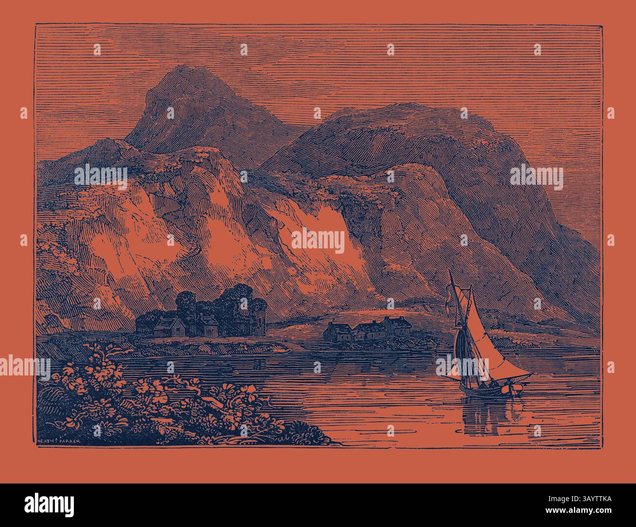 Un paysage serein avec des montagnes imposantes entourant un plan d'eau calme, avec un voilier glissant doucement sur la surface. Au premier plan, le feuillage luxuriant encadre la scène, tandis que les structures éloignées ajoutent un sentiment d'habitation tranquille à cette vue tranquille. VUE SUR LE CHÂTEAU D'INVERLOCHY ET BEN NEVIS, Inverness-Shire, Écosse. Art classique avec une touche moderne réinventé par Artotop Banque D'Images