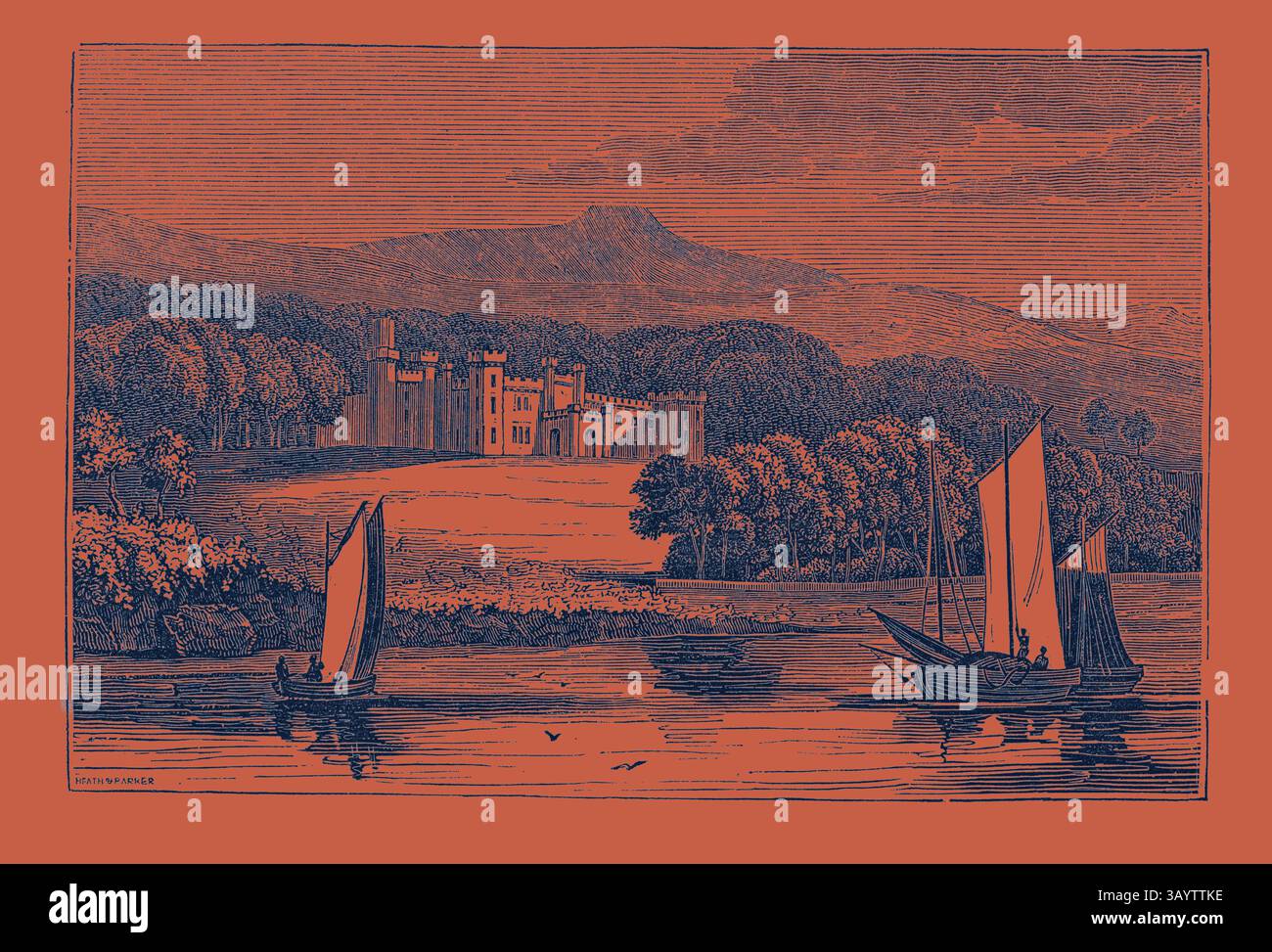 Un paysage serein avec un château majestueux sur des collines ondulantes, avec deux voiliers glissant doucement sur un plan d'eau calme au premier plan. Des arbres luxuriants encadrent la scène, améliorant l'ambiance tranquille. VUE SUR LE CHÂTEAU D'ARMADALE, ÎLE DE SKYE. Art classique avec une touche moderne réinventé par Artotop Banque D'Images