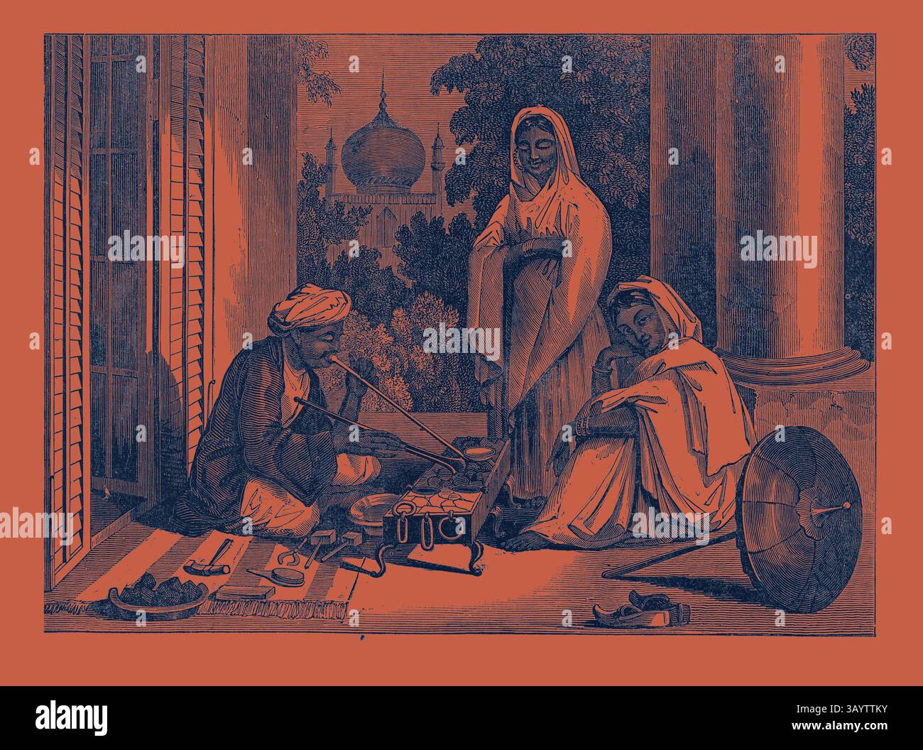 Une scène sereine représentant un homme engagé dans la préparation d'un repas traditionnel, entouré de deux femmes en vêtements fluides. La toile de fond présente des éléments architecturaux et du feuillage, suggérant un cadre culturel riche. L’une des femmes observe avec intérêt, tandis que l’autre semble contemplative. Les objets associés à la restauration et à l'hospitalité sont dispersés autour, améliorant l'atmosphère intime. LE FILS AH WALLAH, OU ORFÈVRE ITINÉRANT DE L'INDE Art classique avec une touche moderne réinventée par Artotop Banque D'Images