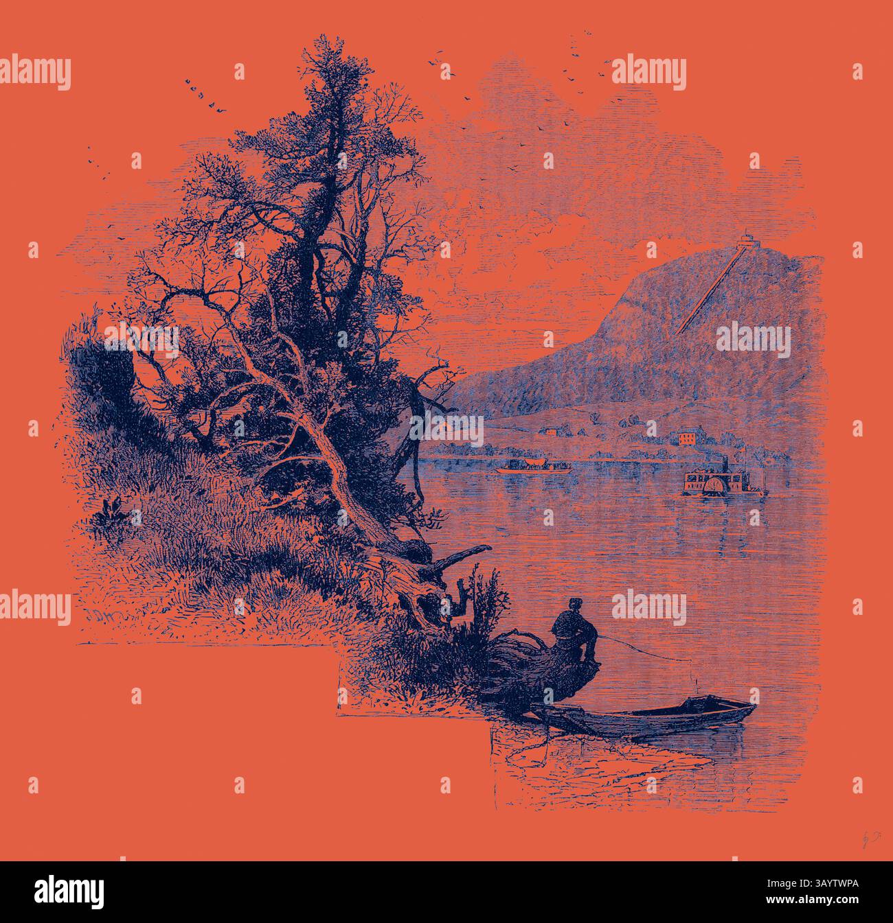 Une scène sereine au bord de la rivière met en scène un pêcheur solitaire dans un petit bateau, entouré d'arbres luxuriants et d'un paysage montagneux lointain. L'eau calme reflète la beauté naturelle, tandis qu'une structure pittoresque suggère la présence humaine à proximité. Mount Holyoke États-Unis d'Amérique Art classique avec une touche moderne réinventée par Artotop Banque D'Images