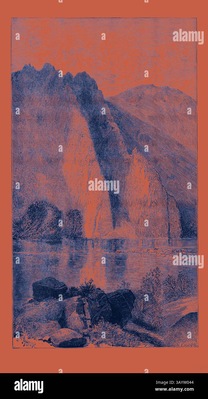 Un paysage serein avec d'imposantes falaises rocheuses s'élevant de façon spectaculaire près d'un plan d'eau calme, avec de doux reflets chatoyants à la surface. Des montagnes douces et lointaines encadrent la scène, créant un sentiment de tranquillité et de beauté naturelle. Devil's Slide United States of America Art classique avec une touche moderne réinventée par Artotop Banque D'Images