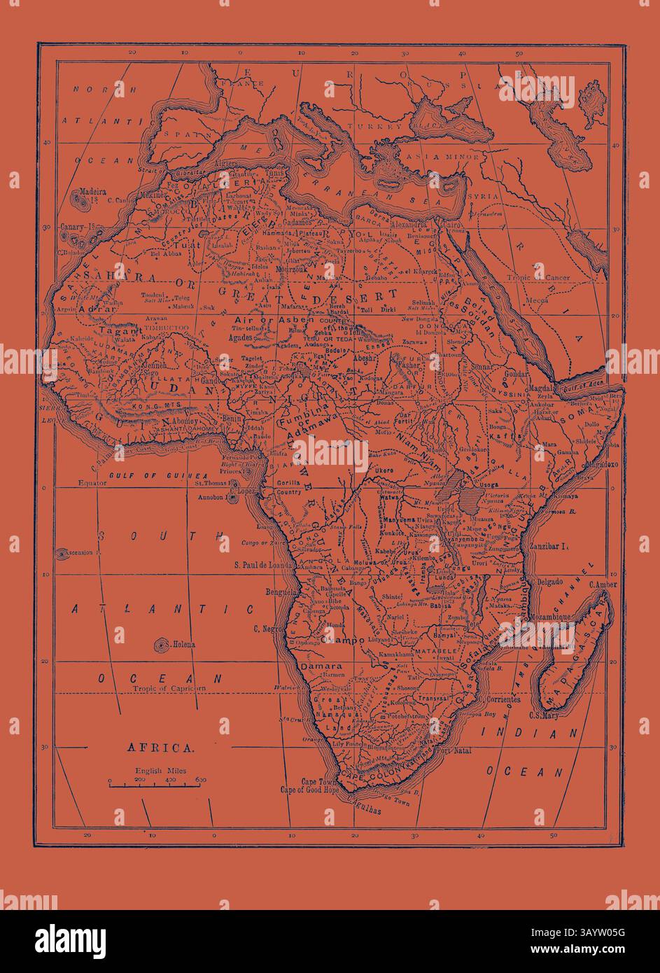 Une carte vintage de l'Afrique, surlignée en rouge vif, montrant divers pays, villes et caractéristiques géographiques. Les détails complexes des frontières et de la topographie sont clairement décrits, offrant une perspective historique sur le tracé du continent. CARTE DE L'AFRIQUE Art classique avec une touche moderne réinventée par Artotop Banque D'Images Une carte vintage de l'Afrique, surlignée en rouge vif, montrant divers pays, villes et caractéristiques géographiques. Les détails complexes des frontières et de la topographie sont clairement décrits, offrant une perspective historique sur le tracé du continent. CARTE DE L'AFRIQUE Art classique avec une touche moderne réinventée par Artotop Banque D'Images