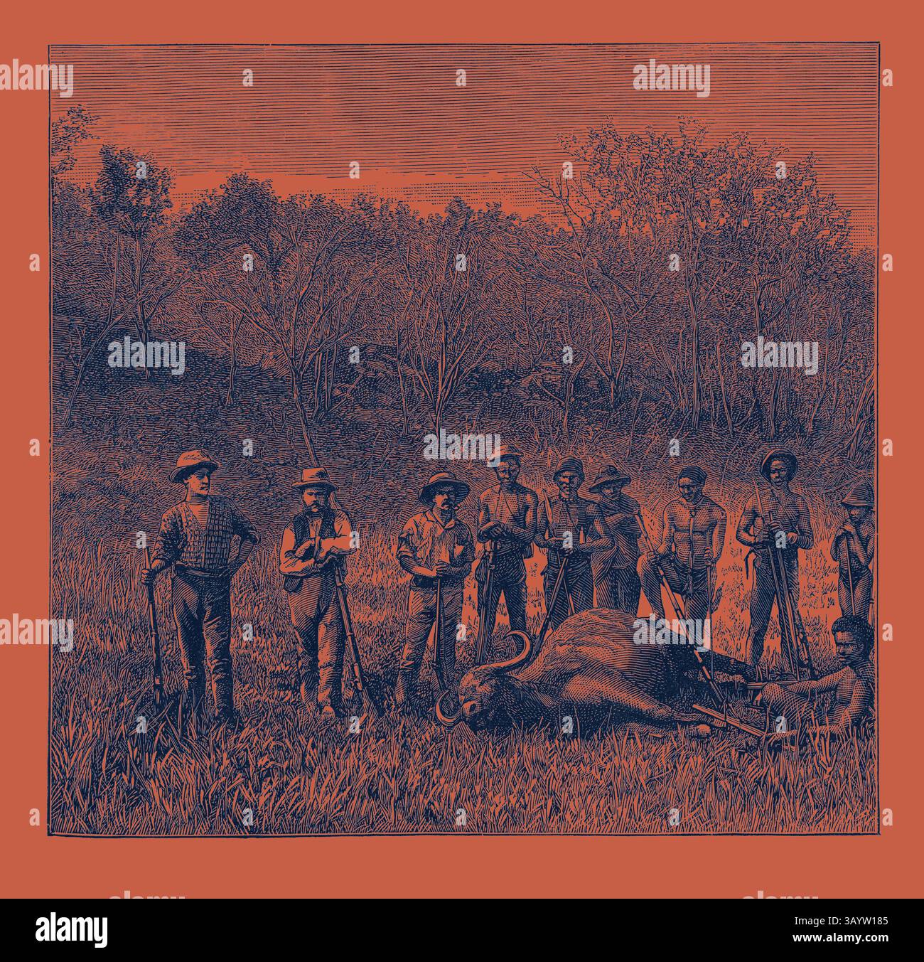 Un groupe d'hommes se tient fièrement dans un cadre rural, entourant un grand buffle qui repose sur le sol. Ils sont habillés de vêtements d'époque, tenant des fusils et des outils, tandis que le paysage présente des arbres et de l'herbe, faisant allusion à une ère passée de chasse et de camaraderie. CHASSEURS DE BISONS DANS LE TRANSVAAL, AFRIQUE DU SUD. Transvaal est un terme géographique associé à la terre au nord (c.-à-d., au-delà) de la rivière Vaal dans l'Afrique du Sud moderne. Plusieurs états et divisions administratives ont porté le nom de Transvaal. Art classique avec une touche moderne réinventé par Artotop Banque D'Images