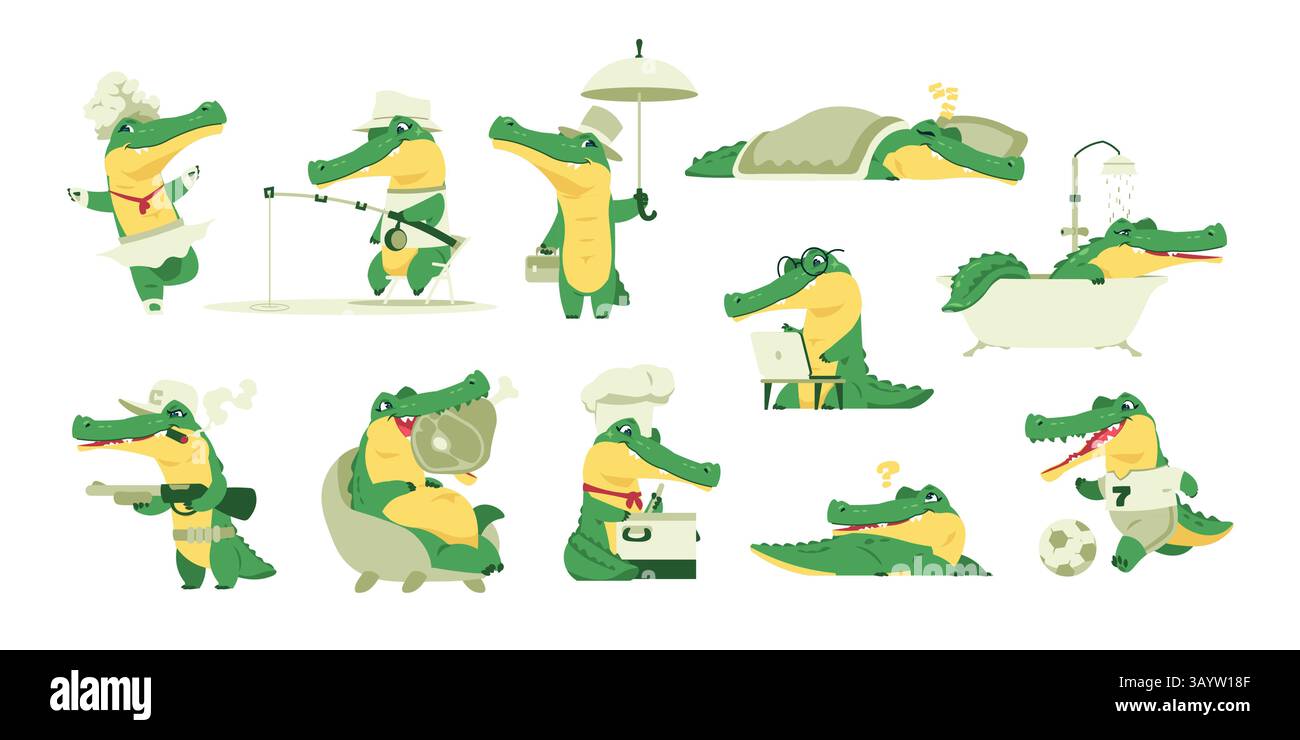 Animal alligator mignon. Personnages de crocodiles de dessins animés, mascottes de reptiles d'activité d'alligators enfantins drôles, crocodiles plats joyeux de zoo animalier. Vecteur Illustration de Vecteur