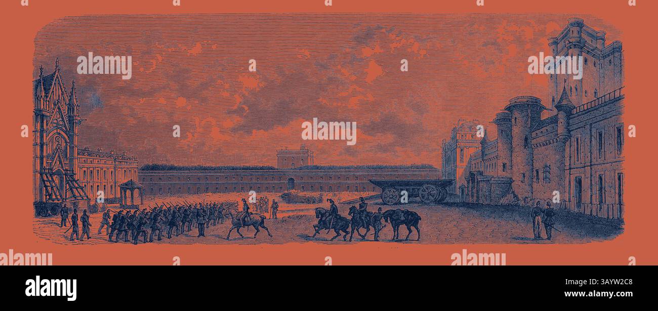Une scène historique représentant un grand défilé dans une cour fortifiée, avec des soldats marchant en formation et des calèches tirées par des chevaux au milieu d'une architecture élaborée et d'un ciel spectaculaire. Vincennes. Cour du château par le sud. Gravure 1855 Art classique avec une touche moderne réinventée par Artotop Banque D'Images