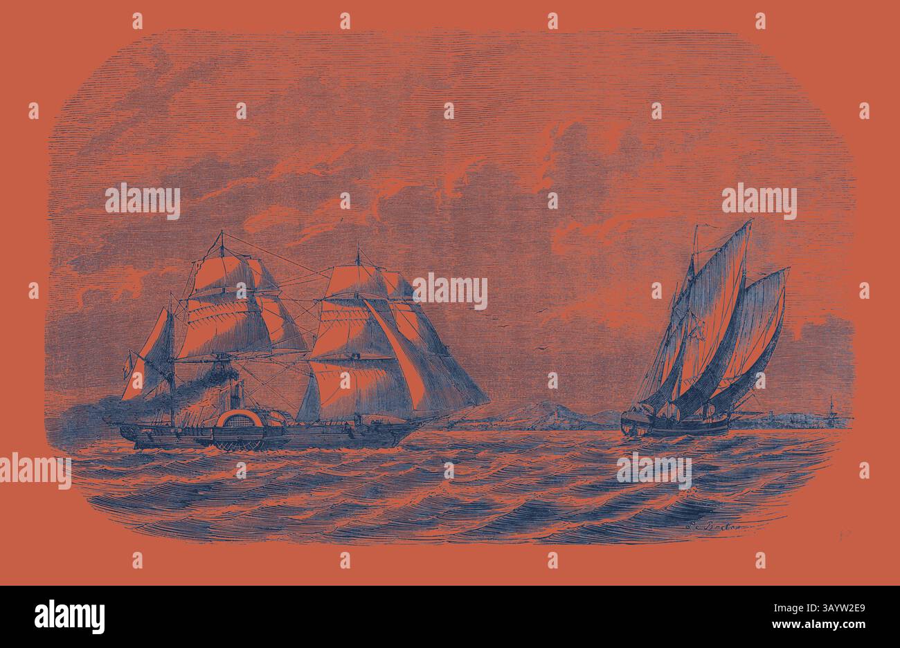 Une scène dramatique capture deux navires naviguant sur des eaux dynamiques, avec des voiles complexes qui bondissent contre un ciel vibrant, évoquant un sentiment d'aventure et d'histoire maritime. Chasser et prendre le Menschikoff le navire russe, par le sloop à vapeur Cocyle dans la mer Blanche près d'Archange, Russie. Gravure 1855 Art classique avec une touche moderne réinventée par Artotop Banque D'Images