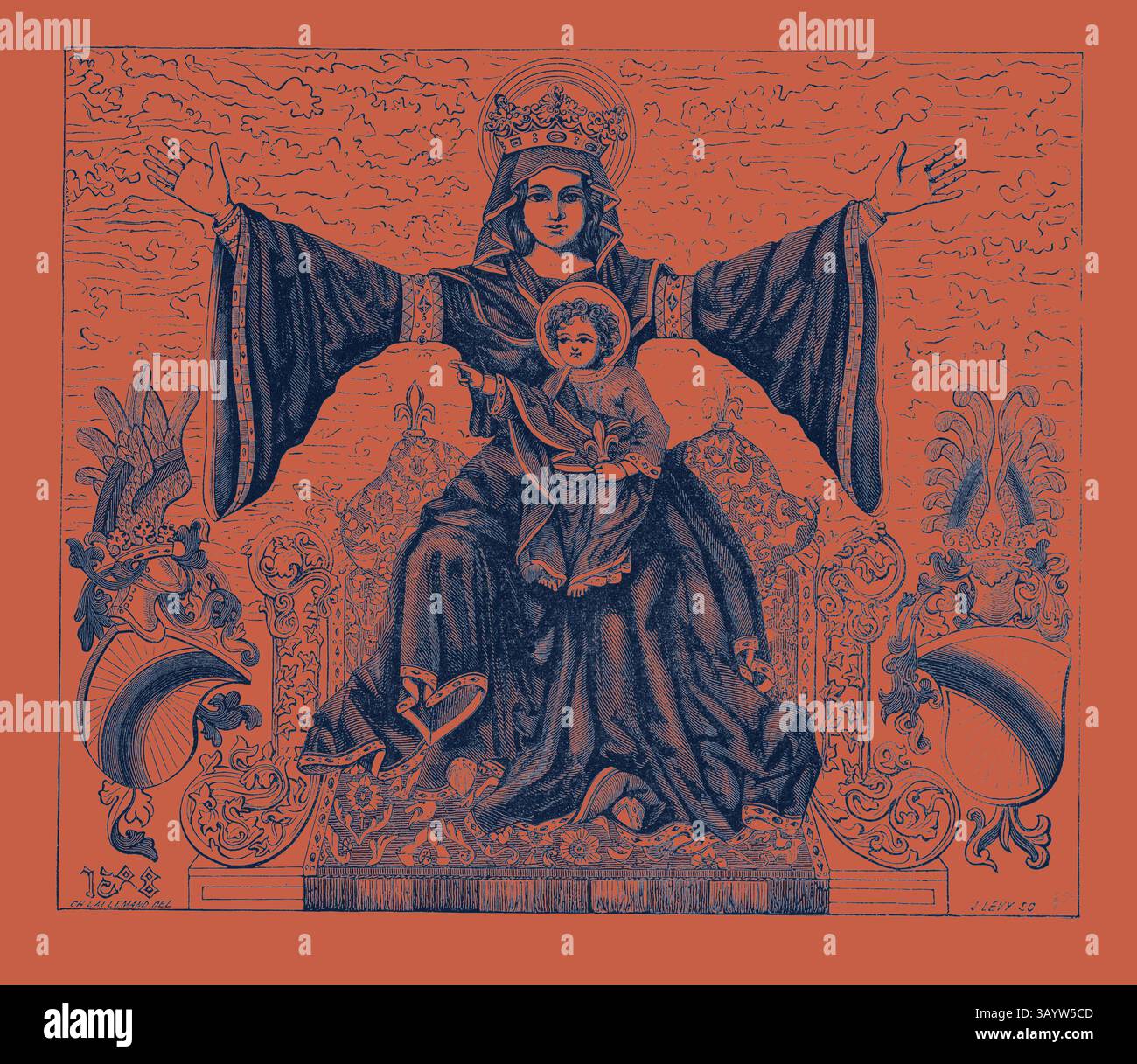 Une figure majestueuse de Marie, couronnée et tendue les bras, berce l'enfant Jésus sur ses genoux. Ils sont entourés de motifs ornés et de dessins complexes, symbolisant l'autorité divine et la grâce dans un cadre richement orné. La vieille bannière de la ville de Strasbourg, France. Gravure 1855 Art classique avec une touche moderne réinventée par Artotop Banque D'Images