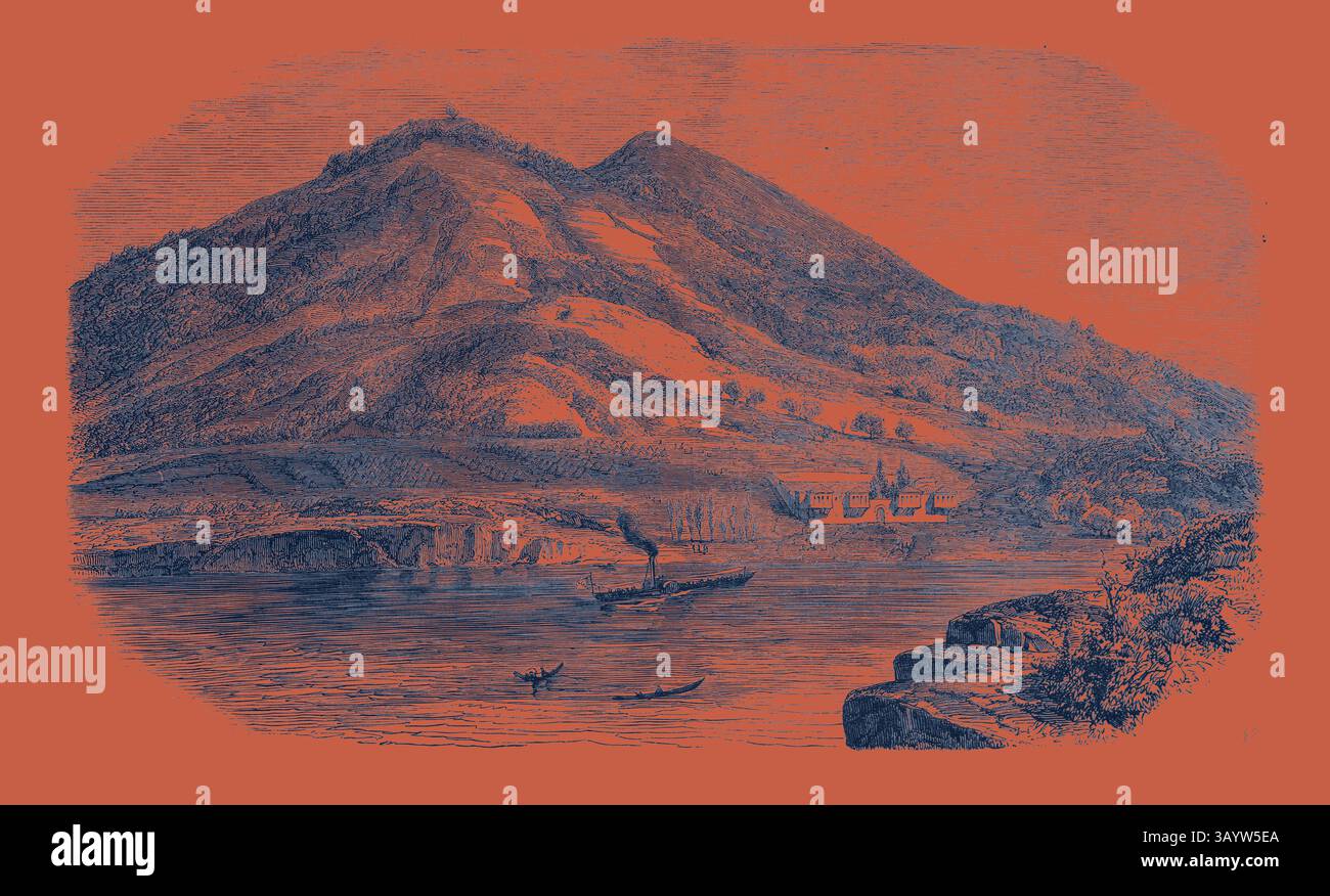 Un paysage serein avec une montagne s'élevant majestueusement en arrière-plan, avec un plan d'eau calme au premier plan. De petits bateaux naviguent dans l'eau, et un bateau à vapeur émet de la fumée lorsqu'il se déplace le long du rivage, où une végétation luxuriante et des bâtiments éloignés sont visibles. Camp des prisonniers russes sur l'île de Prinkipo, 1855. Gravure d'art classique avec une touche moderne réinventée par Artotop Banque D'Images