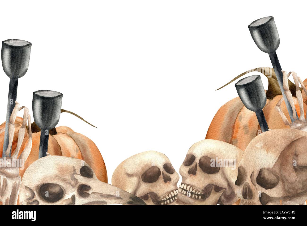 Modèle d'Halloween avec crânes, main morte, chandelier et illustration aquarelle de citrouilles orange. Cadre dessiné à la main avec clipart gothique, ésotérique effrayant Banque D'Images