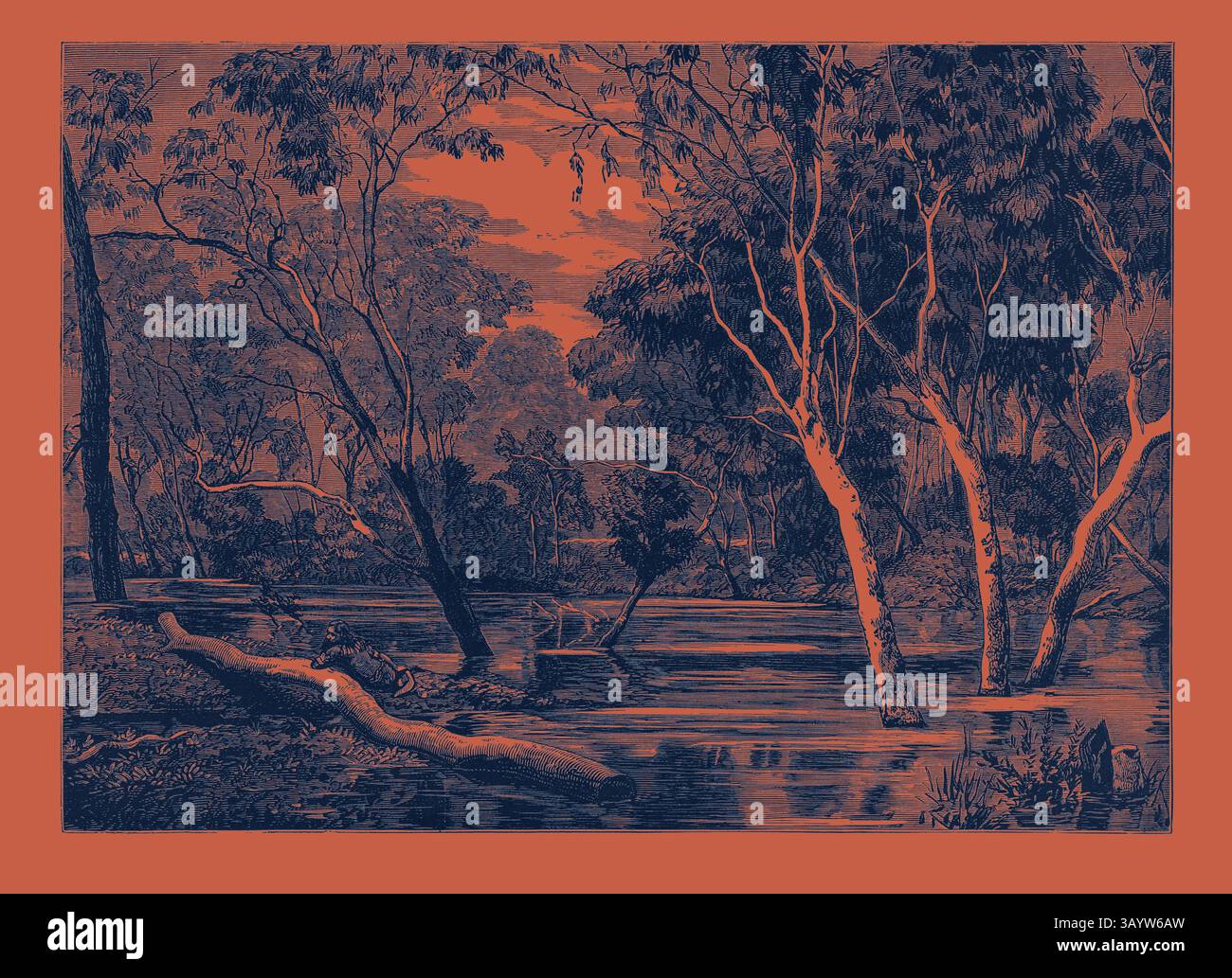 Un paysage serein avec une rivière sinueuse flanquée d'arbres luxuriants, avec une ambiance paisible créée par l'interaction de la nature. La scène capture la tranquillité de la nature sauvage, mettant en évidence les riches détails de la flore et l'eau calme reflétant les environs. Vue sur la rivière Ovens, Victoria. Art classique avec une touche moderne réinventé par Artotop Banque D'Images