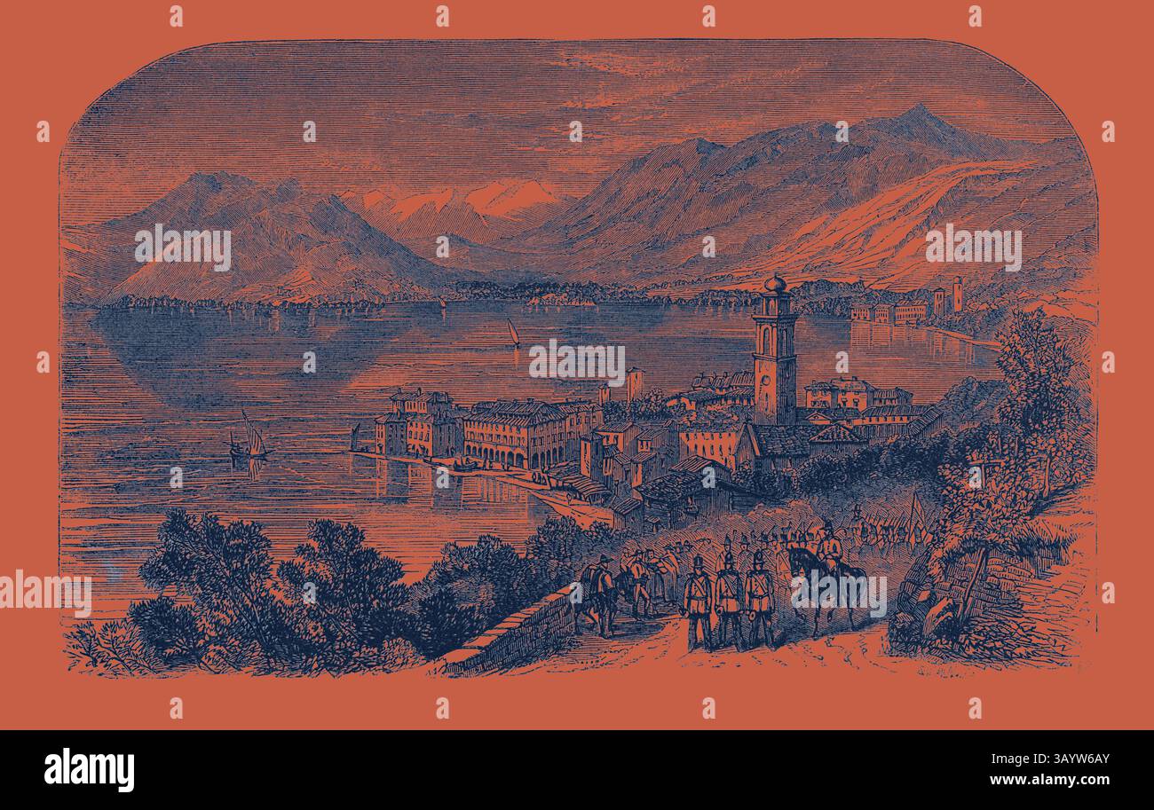 Une vue sereine sur le lac dispose d'une ville animée nichée contre des montagnes majestueuses. Les gens à cheval et à pied traversent un chemin, tandis qu'une église lointaine et divers bâtiments parsèment le rivage, reflétant la tranquillité du paysage. Lago Maggiore, Italie Art classique avec une touche moderne réinventé par Artotop Banque D'Images