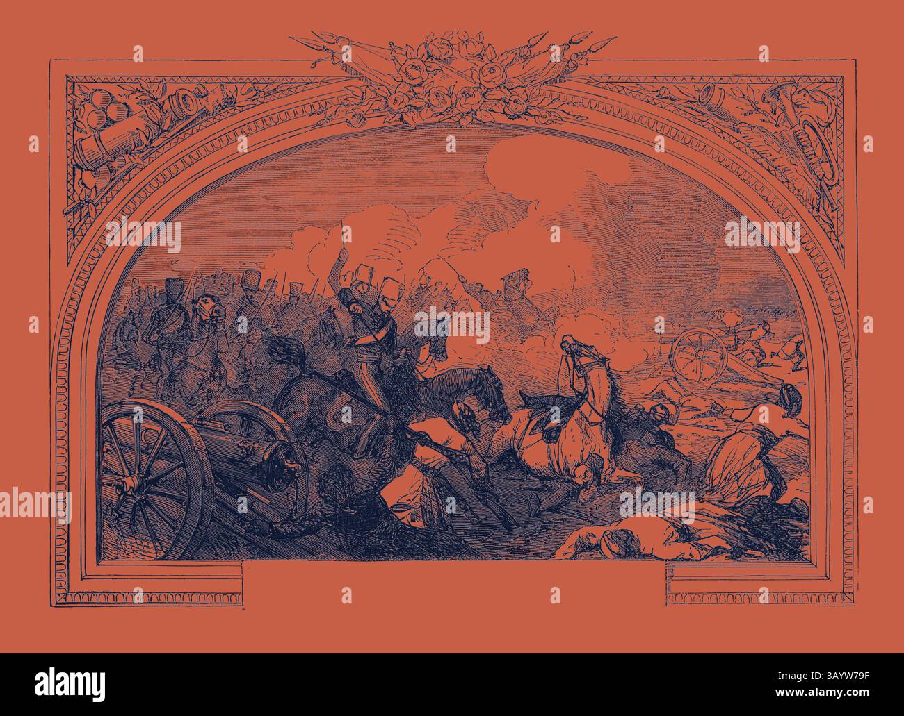 Une scène de bataille chaotique se déroule, avec des soldats en action au milieu des nuages de fumée et des bruits de l'artillerie. Chevaux et hommes s'engagent dans une lutte acharnée, capturant l'intensité et la tourmente de la guerre. Le cadrage orné ajoute une touche historique à la représentation du conflit. Bataille de Ferozeshah, (Lord Gough,) le 21 décembre 1845, entre les Britanniques et les Sikhs, dans le village de Ferozeshah au Pendjab. Les Britanniques étaient dirigés par Sir Hugh Gough et le gouverneur général Sir Henry Hardinge, tandis que les Sikhs étaient dirigés par Lal Singh. Inde Art classique avec une touche moderne réinventée par Artotop Banque D'Images