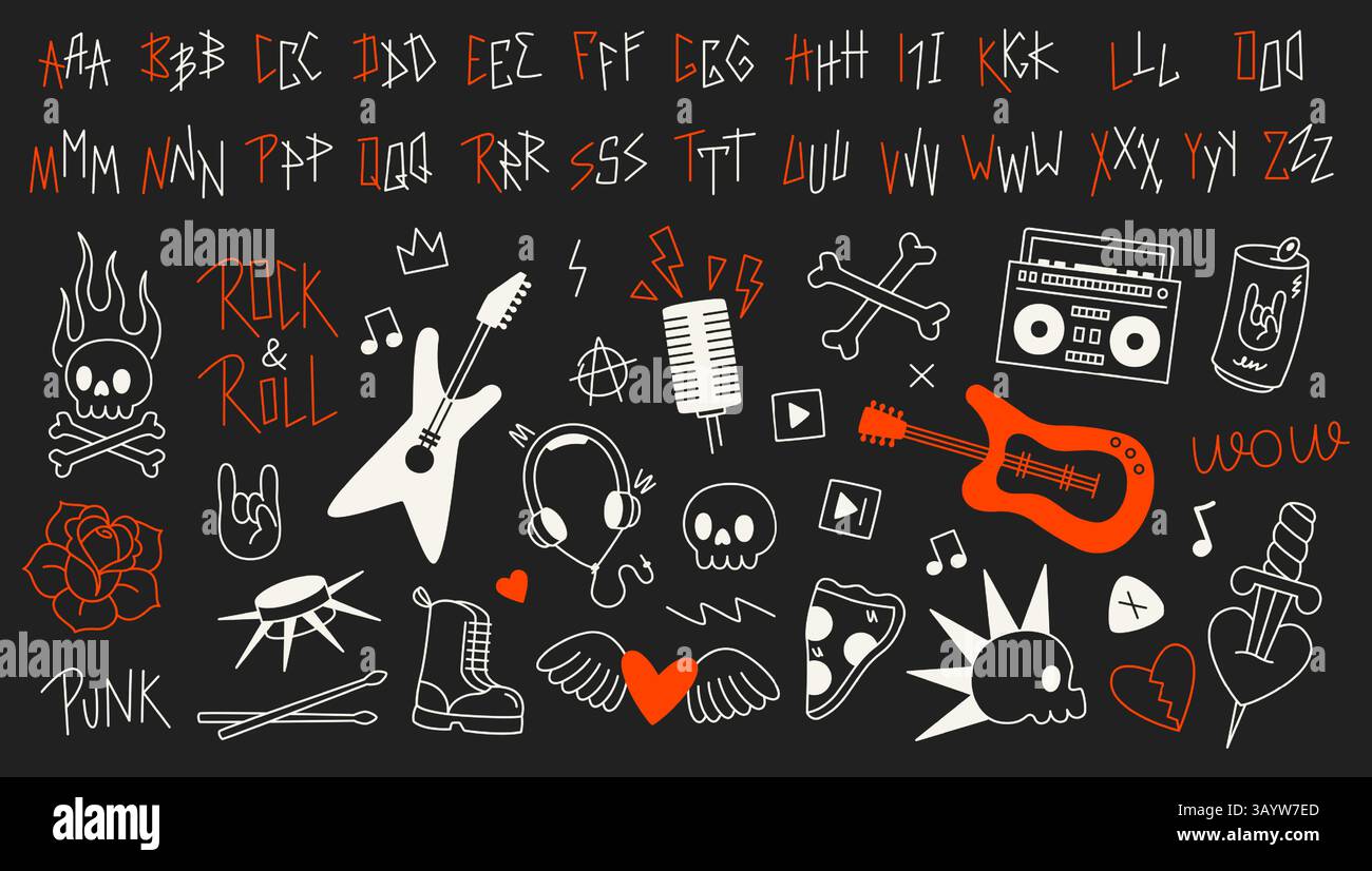 Police Rock. Typographie punk en ligne avec des lettres majuscules, police de caractères graffiti Street art éléments de texte de groupe de musique rock gothique pour la couverture d'affiche de logo de tatouage Illustration de Vecteur
