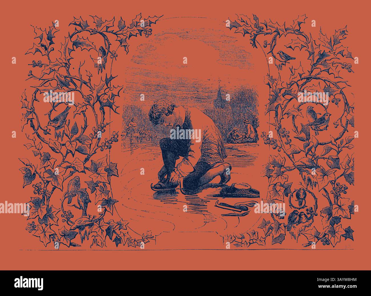 Une figure solitaire accroupie par un plan d'eau, concentrée sur la tâche à accomplir. Entourant la scène, le feuillage complexe et les petits oiseaux créent une bordure décorative, améliorant le sentiment de tranquillité et de connexion à la nature. Janvier, calendrier, année, mois, Monthly Art classique avec une touche moderne réinventée par Artotop Banque D'Images