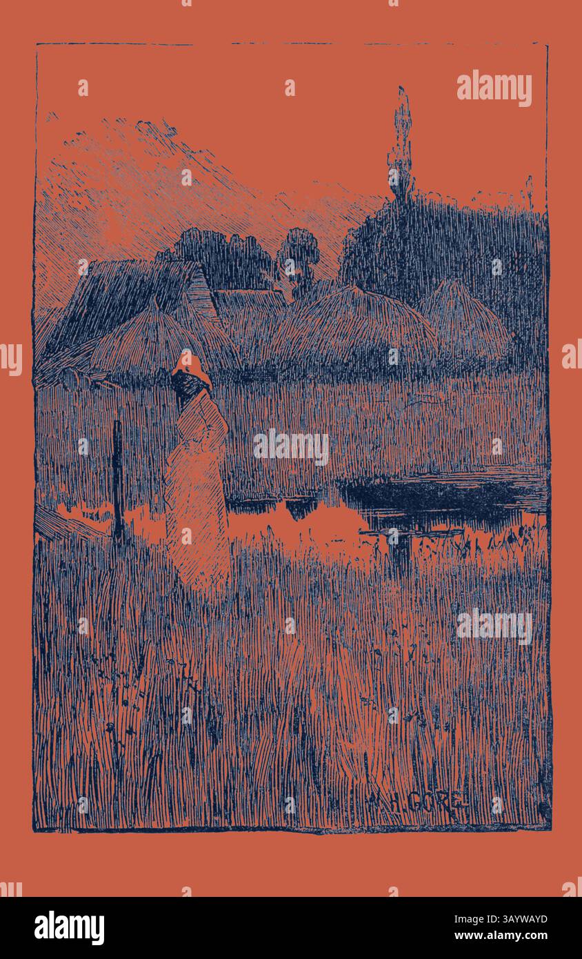 Un paysage serein présente une figure dans une robe blanche debout au milieu de hautes herbes, avec des bâtiments rustiques au toit de chaume en arrière-plan. L'eau calme reflète la nature environnante, créant une scène paisible et idyllique. Waiting, Engraving 1884 Art classique avec une touche moderne réinventée par Artotop Banque D'Images