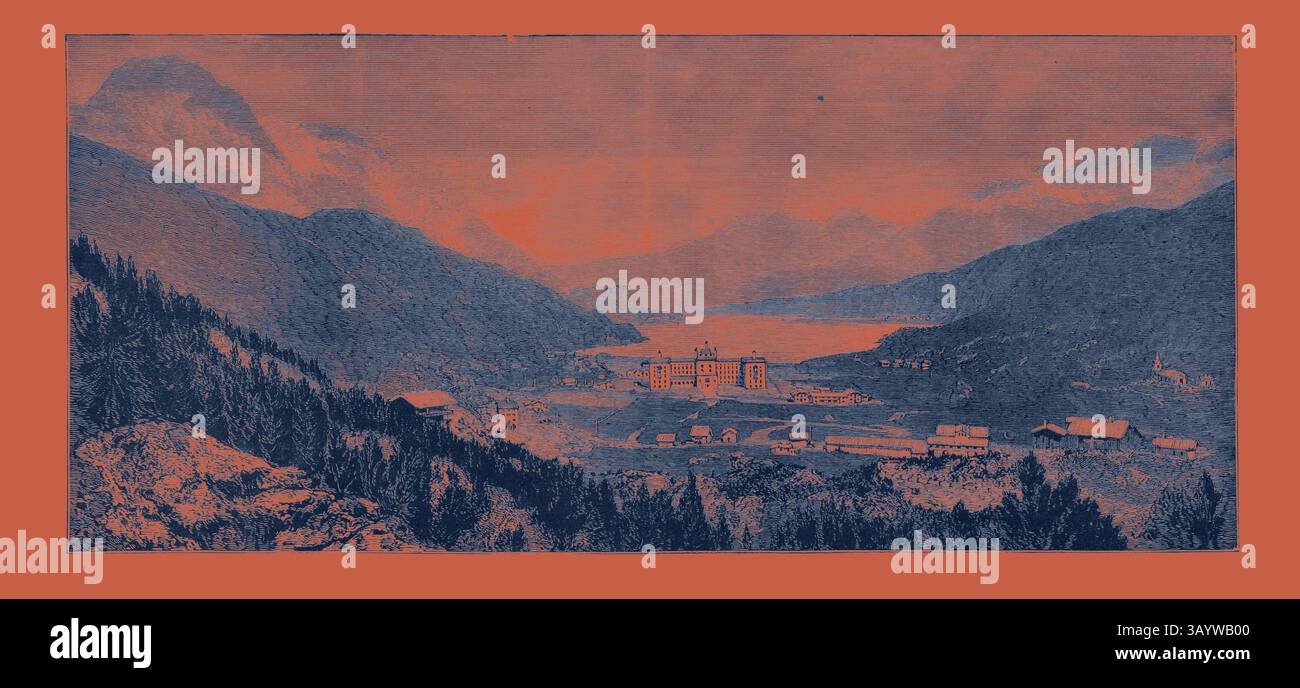 Un paysage serein mettant en valeur une vallée tranquille entourée de montagnes majestueuses, avec un village pittoresque près d'un plan d'eau calme, évoquant un sentiment de beauté intemporelle et de solitude. La vallée de la Maloja, une nouvelle station de santé dans la haute Engadine, Suisse, gravure 1884 Art classique avec une touche moderne réinventée par Artotop Banque D'Images