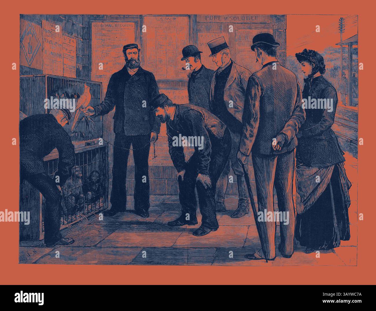 Un groupe d'individus, vêtus d'une tenue d'époque, se rassemble autour d'un grand appareil, observant attentivement son fonctionnement intérieur. La scène capture un moment de curiosité et d'intrigue alors qu'ils examinent l'appareil, avec une variété d'expressions allant de la surprise à la contemplation profonde. Derrière eux, des affiches et des panneaux ajoutent au contexte du décor, faisant allusion à une démonstration technologique ou scientifique. Singes, oiseaux, gravure 1884 Art classique avec une touche moderne réinventée par Artotop Banque D'Images