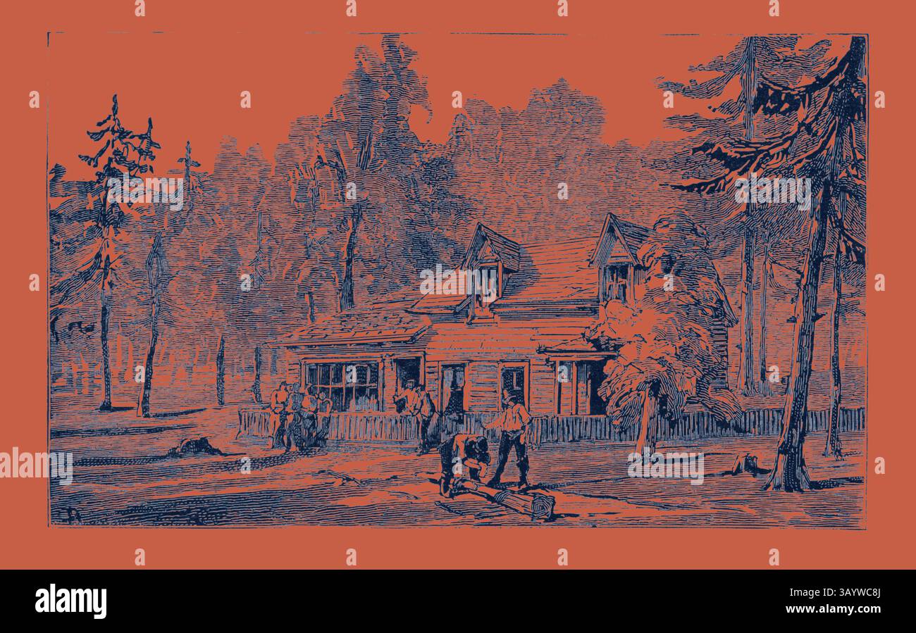 Une scène rustique représente une charmante maison entourée de grands arbres, avec deux personnes travaillant au premier plan, incarnant une atmosphère de campagne paisible. Le paysage est serein, évoquant une ère révolue de vie plus simple et de connexion avec la nature. Bureau du journal Rugbeian Weekly, Thomas Hughes Settlement New Rugby Tennesee, Engraving 1884, US, USA, America, United States Art classique avec une touche moderne réinventée par Artotop Banque D'Images