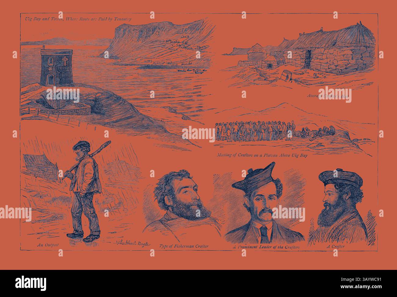 Une collection de scènes illustrées représentant le paysage côtier accidenté et la vie des pêcheurs, mettant en évidence leurs interactions, leurs rassemblements communautaires et des portraits individuels de personnages remarquables en tenue historique. The Skye Crofters, Engraving 1884, UK, Britain, British, Europe, Royaume-Uni, Grande-Bretagne, Art classique européen avec une touche moderne réinventé par Artotop Banque D'Images