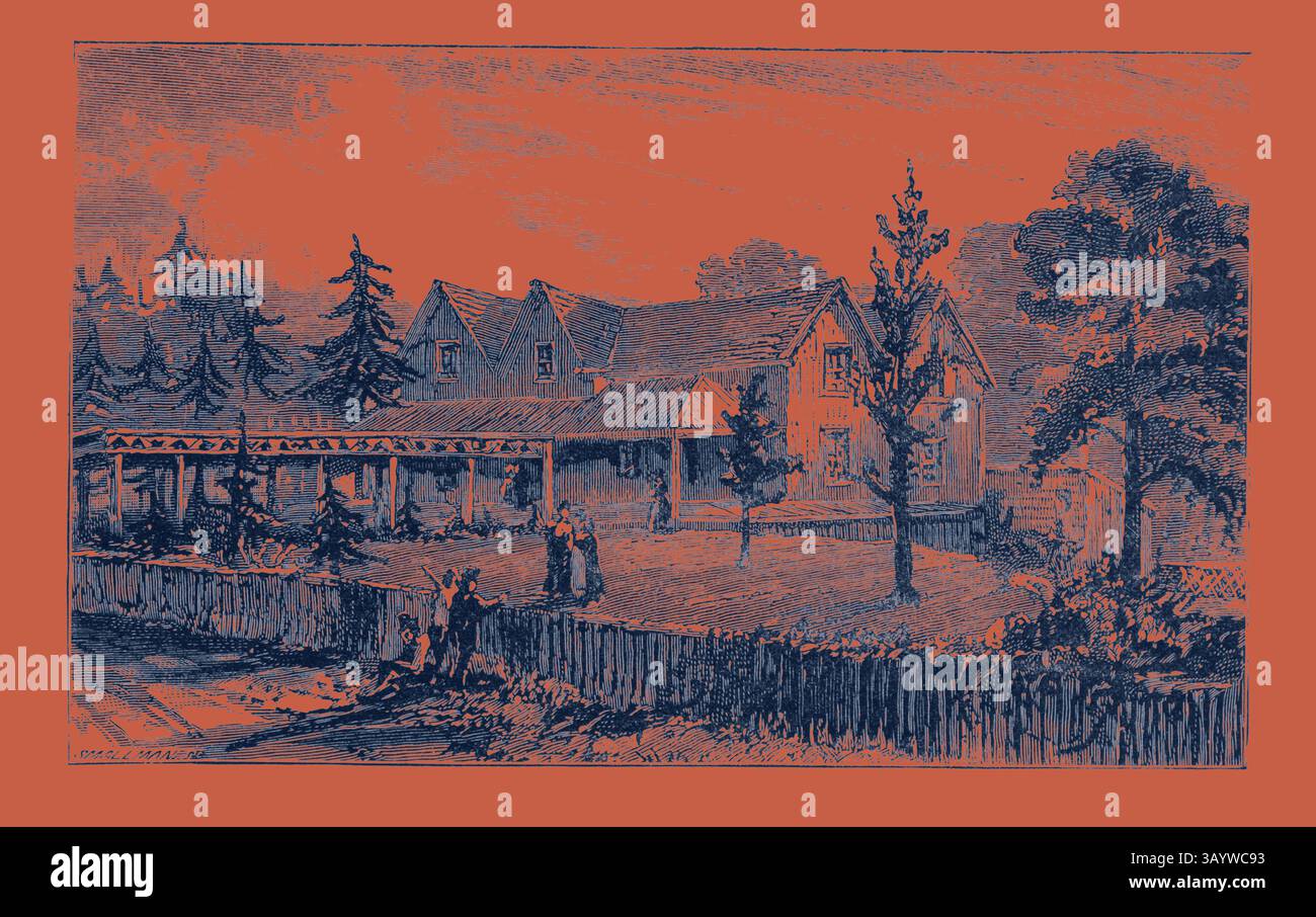 Une scène de campagne pittoresque avec une charmante maison entourée de grands arbres, avec des gens se promenant le long d'un chemin près d'une clôture de piquet. Le mélange harmonieux de la nature et de la structure crée une atmosphère paisible. Résidence de Mme Hughes New Rugby Tennesee, Engraving 1884, US, USA, America, United States Art classique avec une touche moderne réinventée par Artotop Banque D'Images
