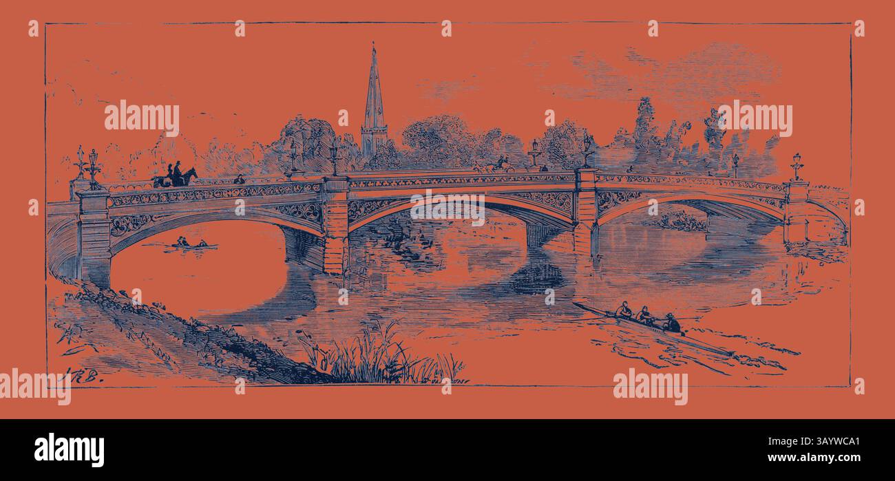 Une scène sereine avec un pont élégant voûtant au-dessus d'une rivière calme, flanqué d'arbres luxuriants et d'un clocher d'église lointain. Les rameurs naviguent dans l'eau sous la structure, tandis que les lampadaires bordent le pont, ajoutant une touche de charme au paysage pittoresque. The New Bridge Bedford, Engraving 1884, UK, Britain, British, Europe, Royaume-Uni, Grande-Bretagne, Art classique européen avec une touche moderne réinventé par Artotop Banque D'Images