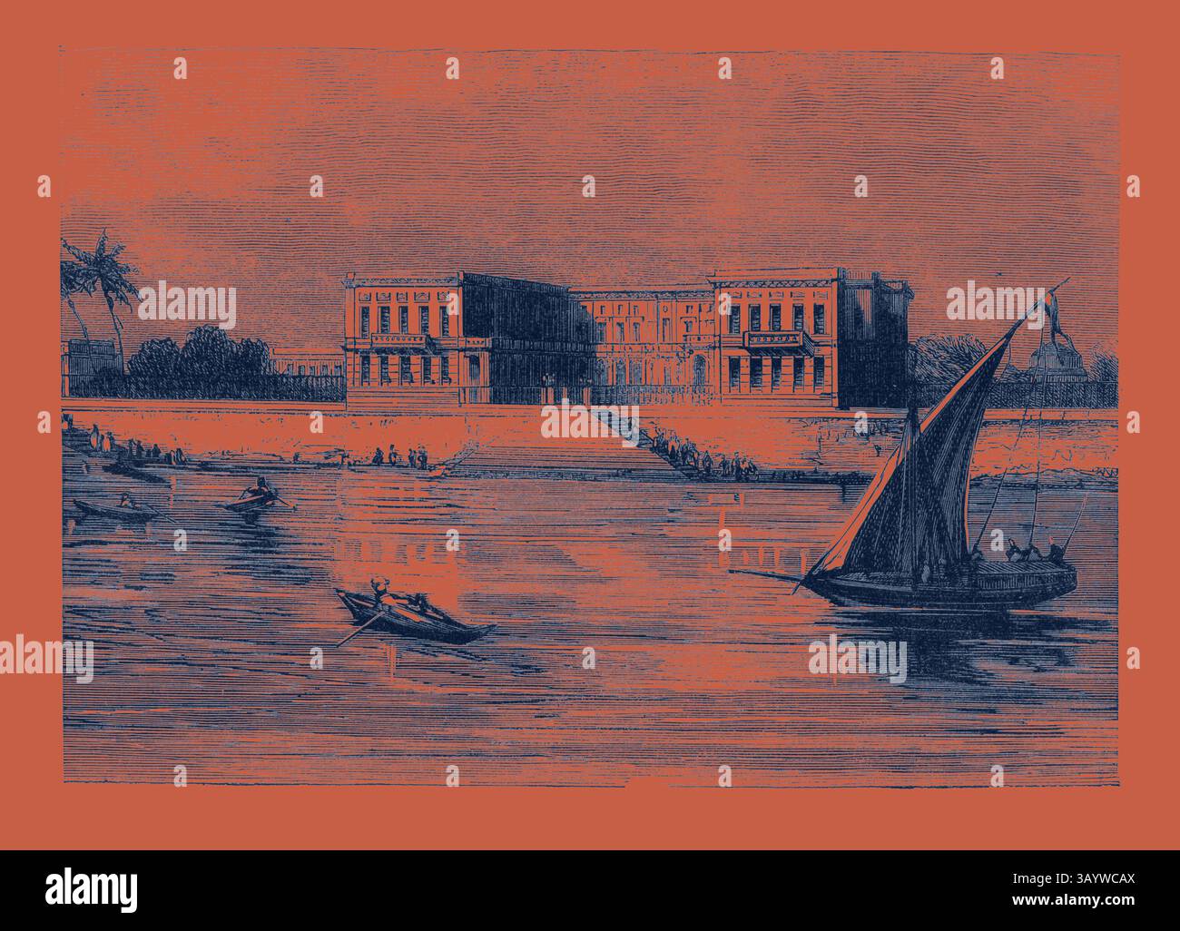 Une scène historique avec un grand bâtiment le long d'une rivière, avec de petits bateaux naviguant sur l'eau et des palmiers parsemant le paysage. Le style architectural suggère une époque d'influence coloniale, tandis que la rivière calme reflète l'activité de l'époque. Le Palais d'été du vice-roi au Caire Egypte, gravure 1882 Art classique avec une touche moderne réinventée par Artotop Banque D'Images