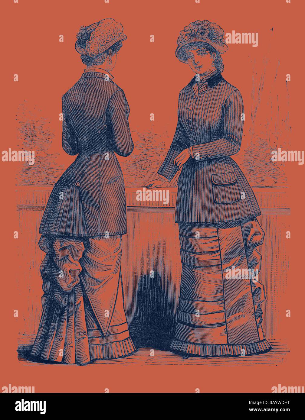 Deux femmes élégamment habillées se tiennent dos à dos, présentant des détails complexes de leur tenue à la mode du XIXe siècle. Les tenues présentent des cols hauts, des vestes sur mesure et des jupes fluides avec plis et volants, reflétant le style et la sophistication de l'époque. Vestes d'automne, mode, gravure 1882 Art classique avec une touche moderne réinventée par Artotop Banque D'Images