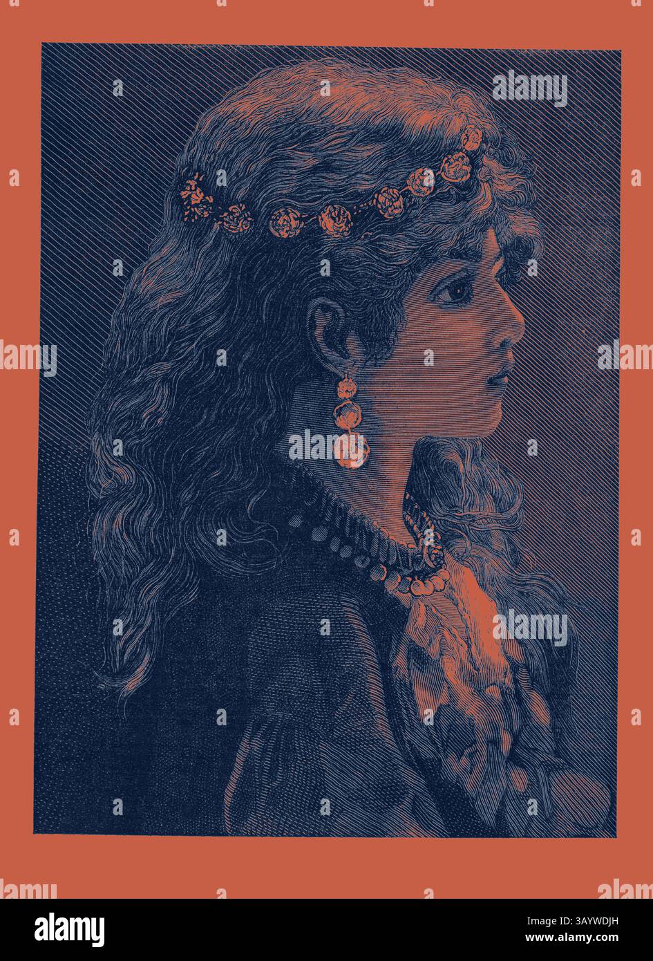 Une jeune femme aux cheveux longs et ondulés ornés d'un casque décoratif regarde sur le côté, son expression réfléchie. Elle porte des boucles d'oreilles élégantes et un collier, suggérant un sentiment de grâce et de beauté. La palette de couleurs contraste ses détails complexes sur un fond audacieux. Égyptien, XIXe siècle, gravure 1882, Lady Classic art avec une touche moderne réinventée par Artotop Banque D'Images