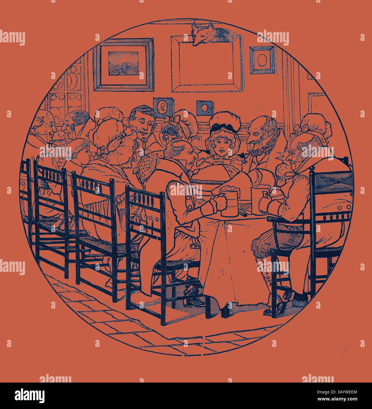 Un rassemblement animé autour d'une grande table, où des individus élégamment habillés s'engagent dans la conversation et la joie, dans un fond chaleureux et vibrant. From Bloomfield's Horkey, Engraving 1882 Classic art avec une touche moderne réinventée par Artotop Banque D'Images