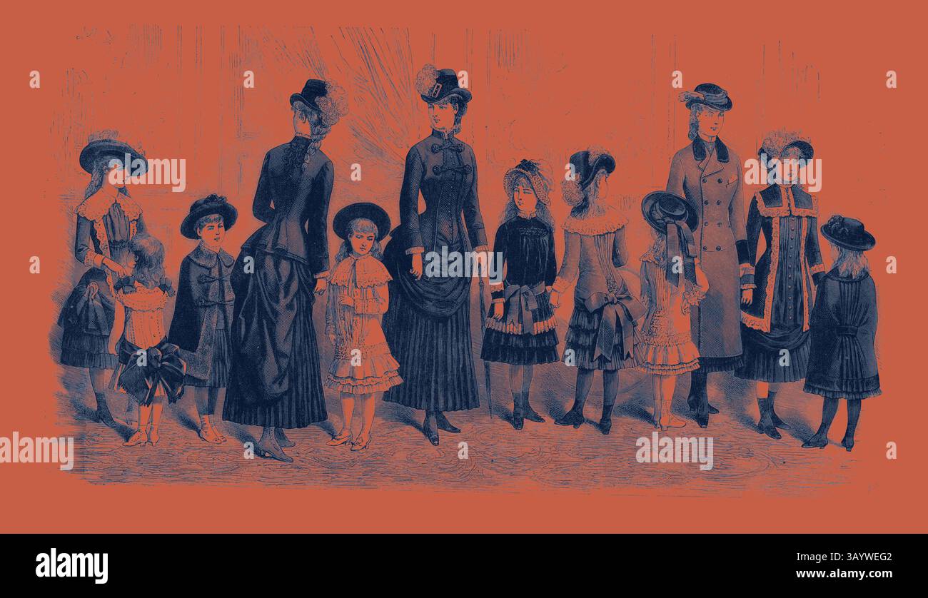 Un rassemblement de femmes et d'enfants élégamment habillés d'une époque passée, présentant divers styles de vêtements, y compris des robes longues, des chapeaux et des accessoires, reflétant les tendances de la mode de l'époque. Costumes enfants, mode, gravure 1882 Art classique avec une touche moderne réinventée par Artotop Banque D'Images