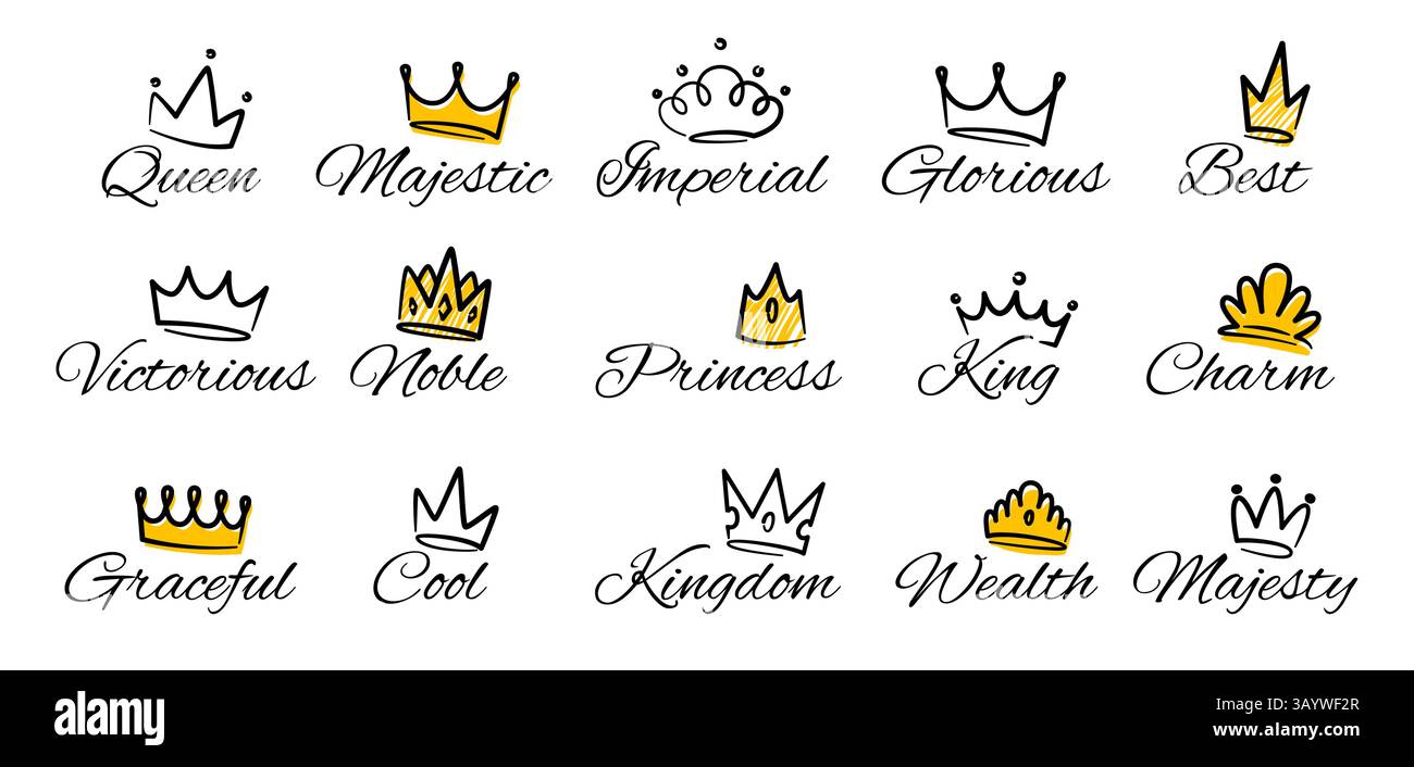 Croquis de la couronne de la Reine Logo King Doodle Crown design, princesse reine dessinée à la main des icônes de couronnes royales de luxe avec lettrage calligraphique. Vecteur Illustration de Vecteur
