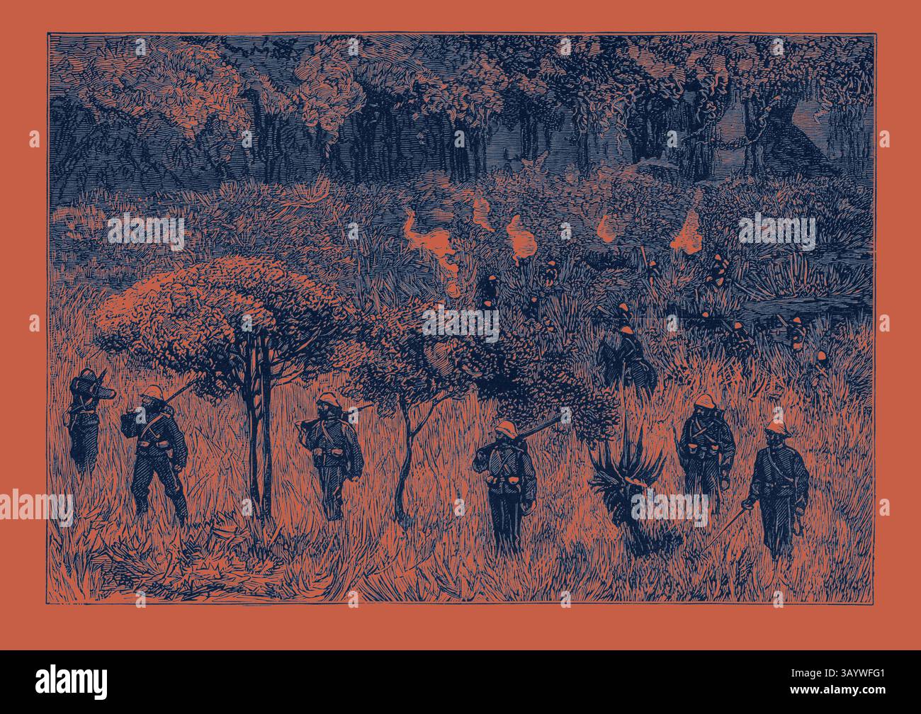 Un groupe de soldats traverse un paysage dense et boisé, entouré de grands arbres et de broussailles, avec l'atmosphère reflétant un sentiment d'importance historique et peut-être de tension. Rivière Umvolosi, la guerre Zouloue, gravure 1879 Art classique avec une touche moderne réinventée par Artotop Banque D'Images