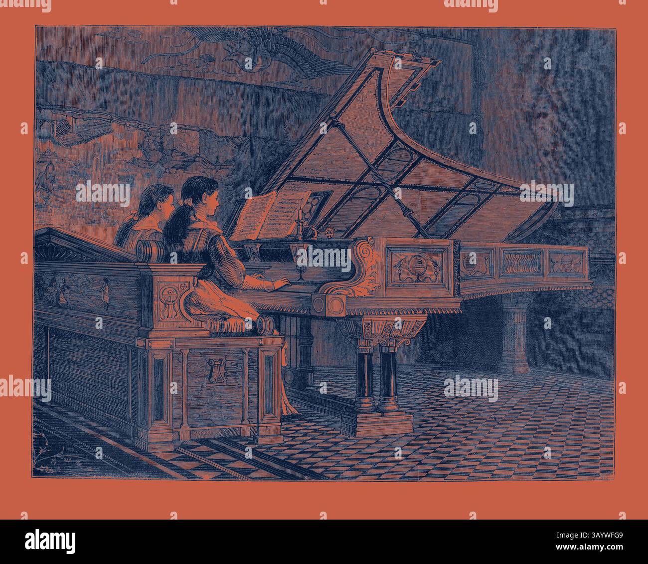 Deux personnages sont assis côte à côte devant un piano à queue, plongés dans leur musique. Les détails ornés du piano et de la pièce environnante créent une atmosphère classique, mettant en évidence un moment de collaboration artistique. Un artiste Pianoforte, gravure 1879, Piano, musique, jouer de l'art classique avec une touche moderne réinventée par Artotop Banque D'Images