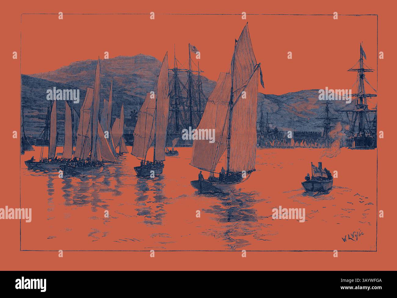 Les voiliers aux voiles bouffantes naviguent gracieusement dans un port serein, réfléchissant sur l'eau calme, tandis que les plus grands navires se dressent en arrière-plan contre un rivage lointain. La flotte méditerranéenne à Sigri le départ annuel de la régate pour la Coupe de l'Amiral, gravure 1879 classique avec une touche moderne réinventée par Artotop Banque D'Images