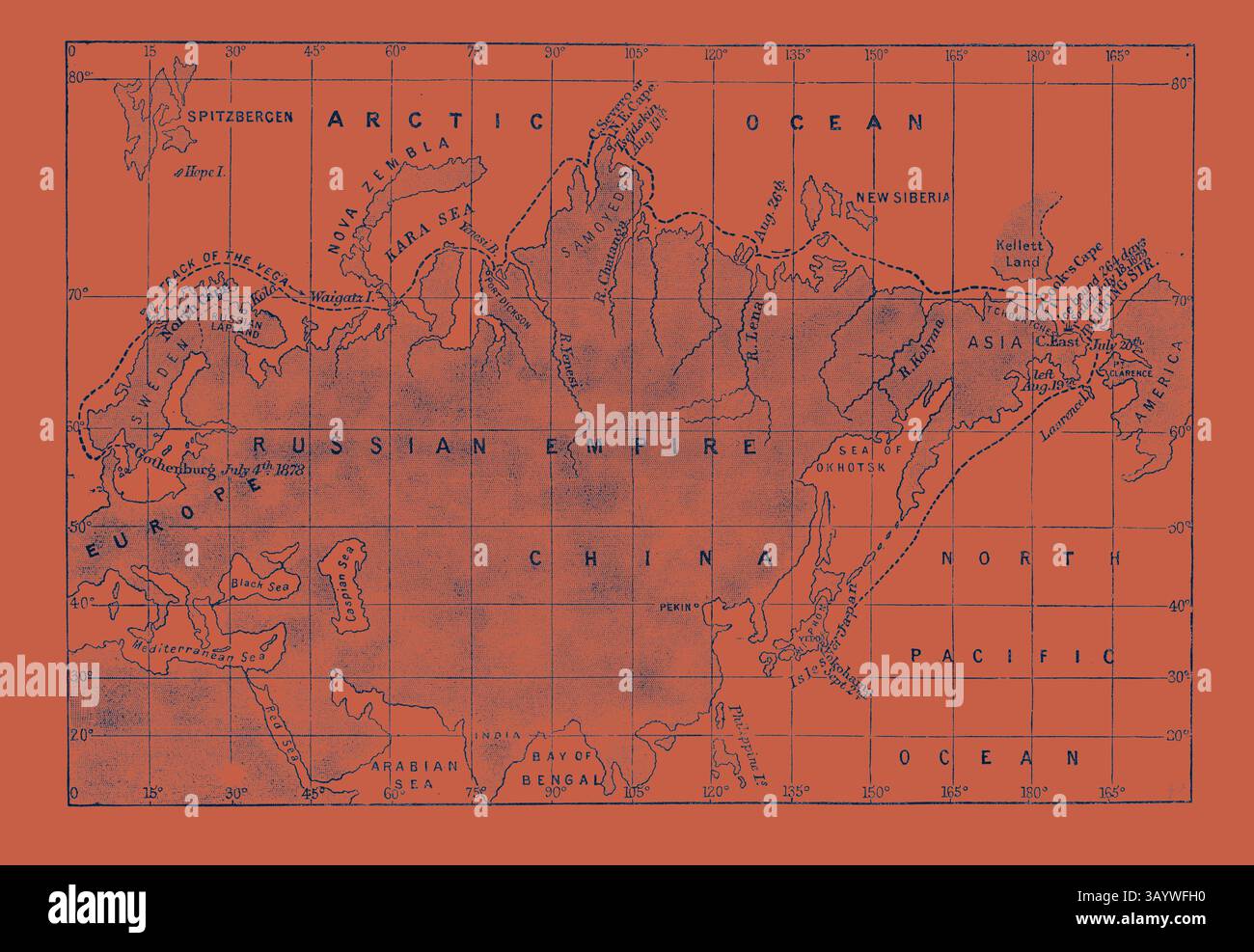 Une carte historique de l'Empire russe, avec des contours détaillés des territoires d'Asie et d'Europe, ainsi que des étiquettes pour les océans et les monuments géographiques importants. L'arrière-plan éclatant améliore les détails cartographiques complexes, mettant en évidence la portée étendue de l'empire. La carte du passage du Nord-est de la route empruntée par l'expédition Nordenskjold, gravure 1879 art classique avec une touche moderne réinventée par Artotop Banque D'Images