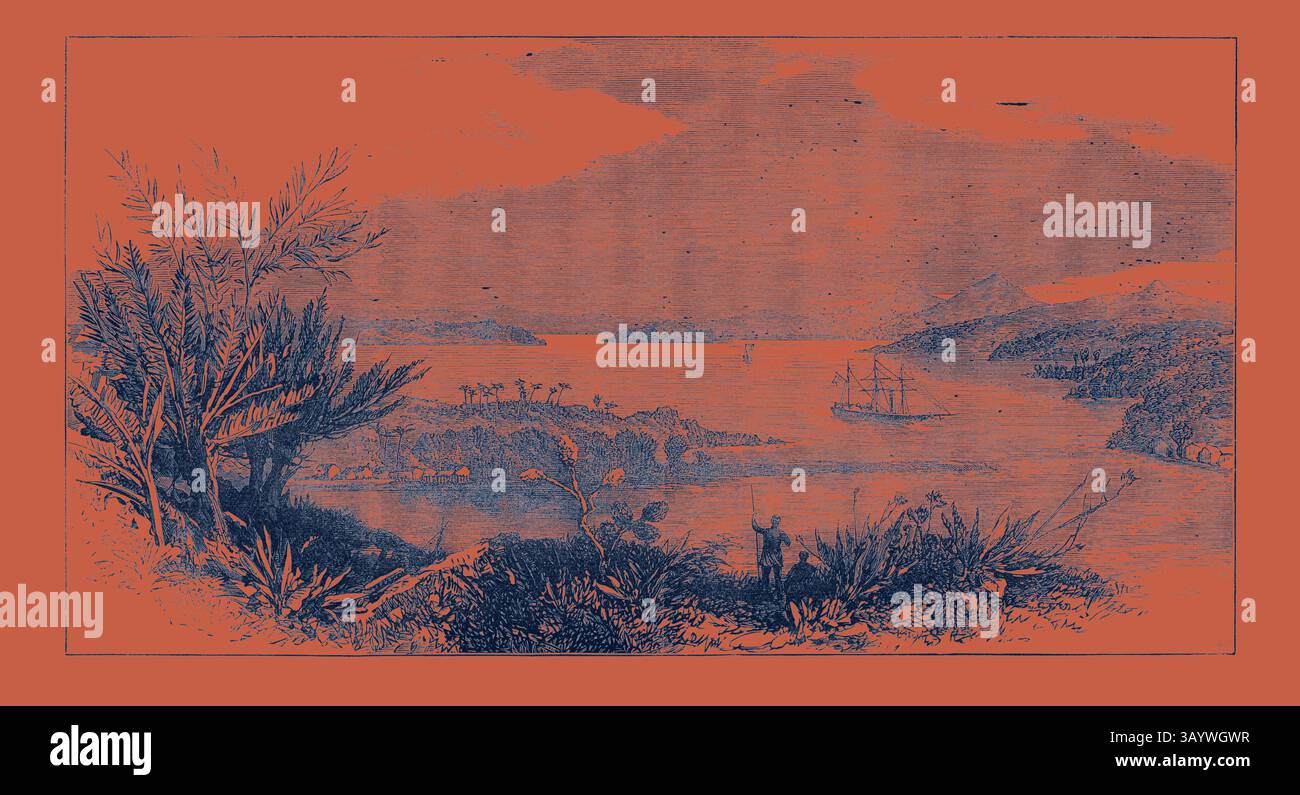 Un paysage côtier serein présente de douces collines entourant une baie calme, où les navires glissent dans l'eau. Une végétation luxuriante encadre la scène, ajoutant un sentiment de tranquillité à l'horizon lointain parsemé d'îles. Le port nouvellement découvert de MTO Mtwara, côte est de l'Afrique Art classique avec une touche moderne réinventée par Artotop Banque D'Images