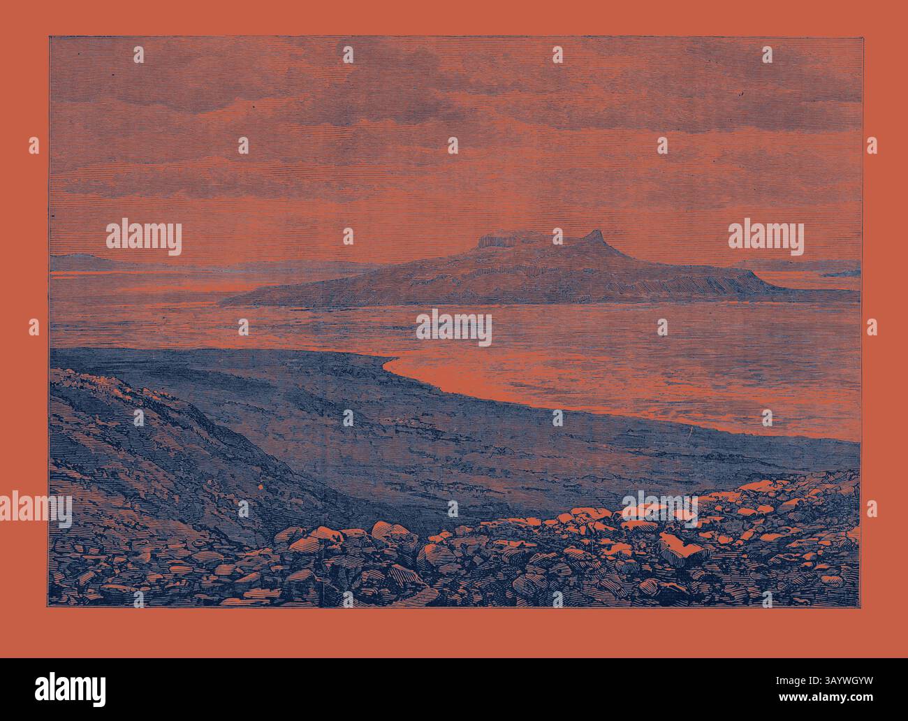 Un paysage marin tranquille avec une île lointaine, entourée d'une eau doucement ondulée et d'un littoral accidenté, évoquant un sentiment de calme et de solitude. The Ocean Depth Exploring voyage : grave Island, Royal Sound, Kerguelen Land Art classique avec une touche moderne réinventée par Artotop Banque D'Images