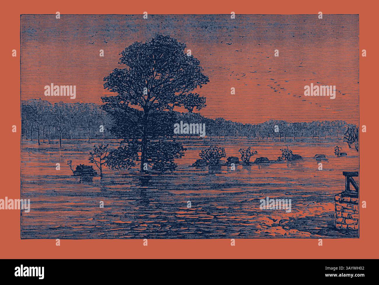 Un paysage tranquille avec un grand arbre entouré d'eau, avec des notes de végétation lointaine et une atmosphère calme. La scène évoque un sentiment de calme et de solitude, mettant en valeur la beauté des reflets de la nature à la surface. Inondations aux États-Unis d'Amérique : Cumberland River, du Railroad Bridge Art classique avec une touche moderne réinventée par Artotop Banque D'Images