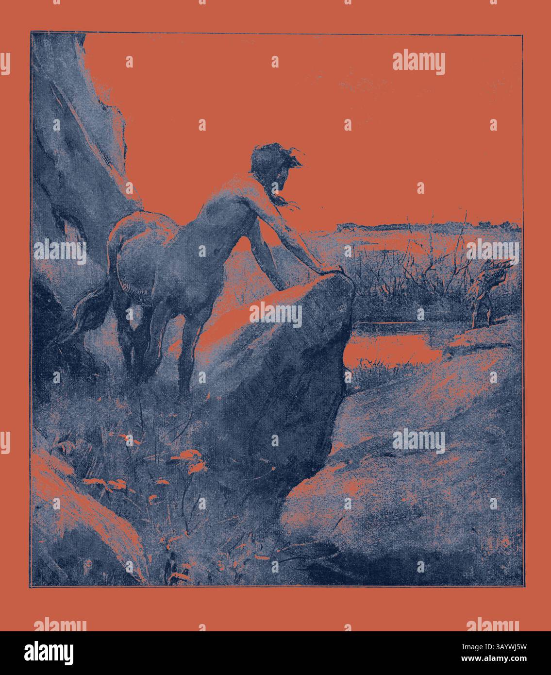 Un centaure regarde soigneusement au-dessus d'un rebord rocheux, contemplant le paysage serein devant lui, où une figure lointaine peut être vue près d'un plan d'eau calme. La scène capture un sentiment de tranquillité et de connexion à la nature. L'art Centaur Classic avec une touche moderne réinventé par Artotop Banque D'Images