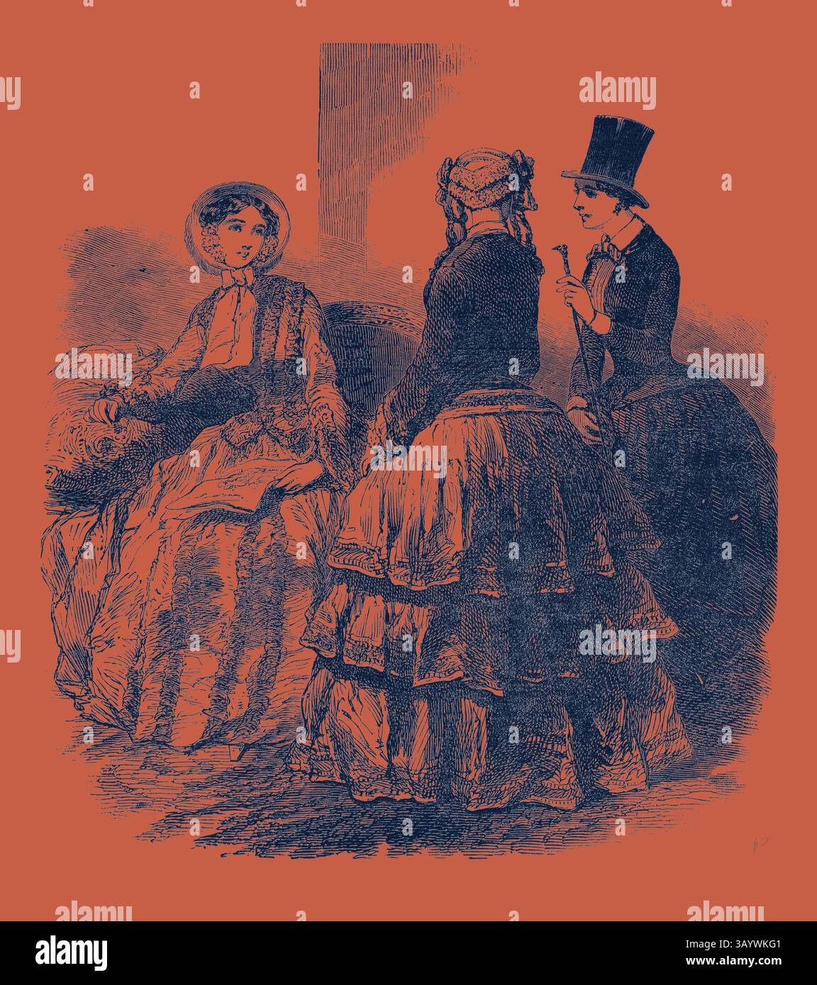 Deux femmes élégamment habillées conversent tandis qu'une troisième figure, assise et ornée d'un grand chapeau, observe. Leurs tenues reflètent la mode d'une époque révolue, présentant des styles distincts, y compris des jupes volumineuses et des détails complexes. La scène capture un moment d’interaction sociétale, rempli de curiosité et d’engagement. Paris Fashions pour octobre 1851 Art classique avec une touche de modernité réinventé par Artotop Banque D'Images