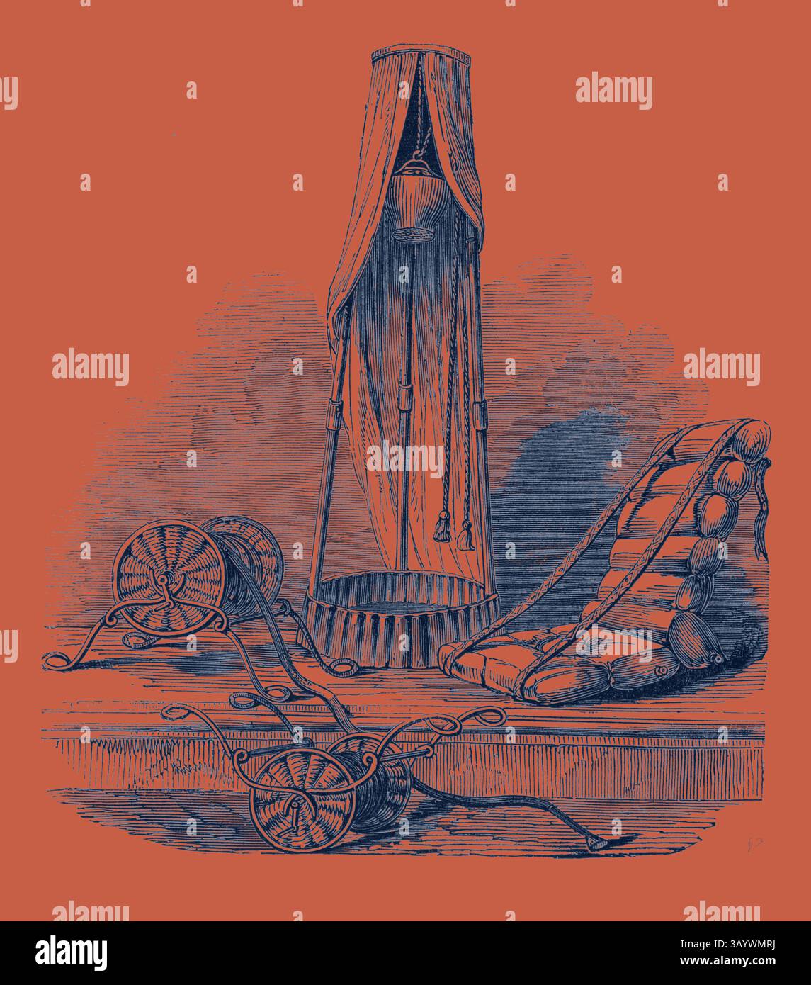 Un assortiment d'équipements de santé et de bien-être vintage, y compris une armoire à vapeur cylindrique, un fauteuil inclinable et divers appareils conçus à des fins thérapeutiques, le tout mis en valeur sur un fond silencieux. India-Rubber Bath Art classique avec une touche moderne réinventée par Artotop Banque D'Images