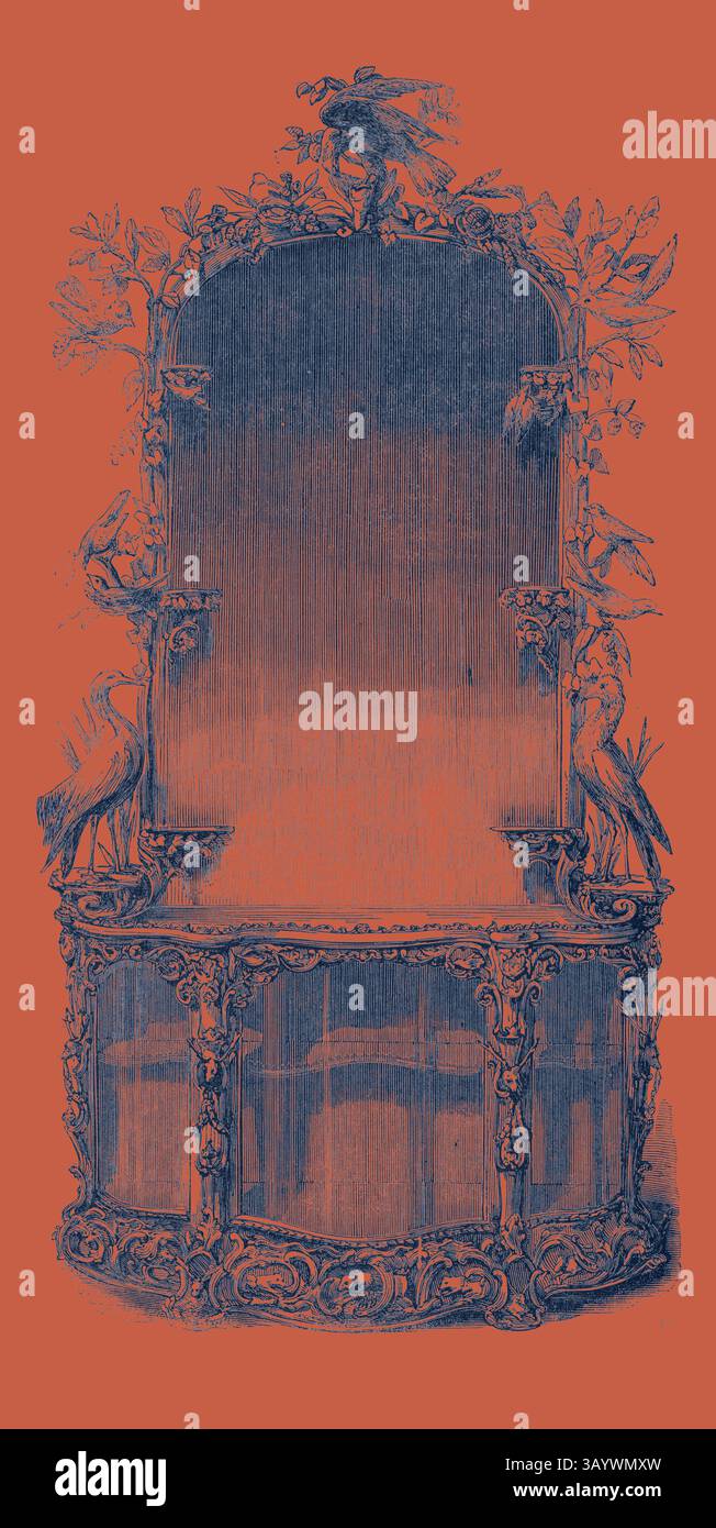 Un support de miroir orné et au design complexe présente de délicates sculptures d'animaux et de feuillage, mettant en valeur une esthétique vintage avec des détails royaux. L'élégance de la pièce suggère une histoire et un savoir-faire riches. Armoire et verre Art classique avec une touche moderne réinventée par Artotop Banque D'Images